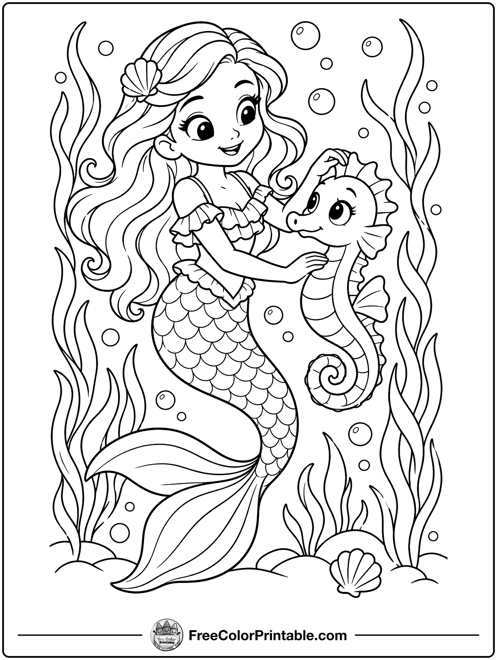 Mermaid and Seahorse Coloring Page — free color printable