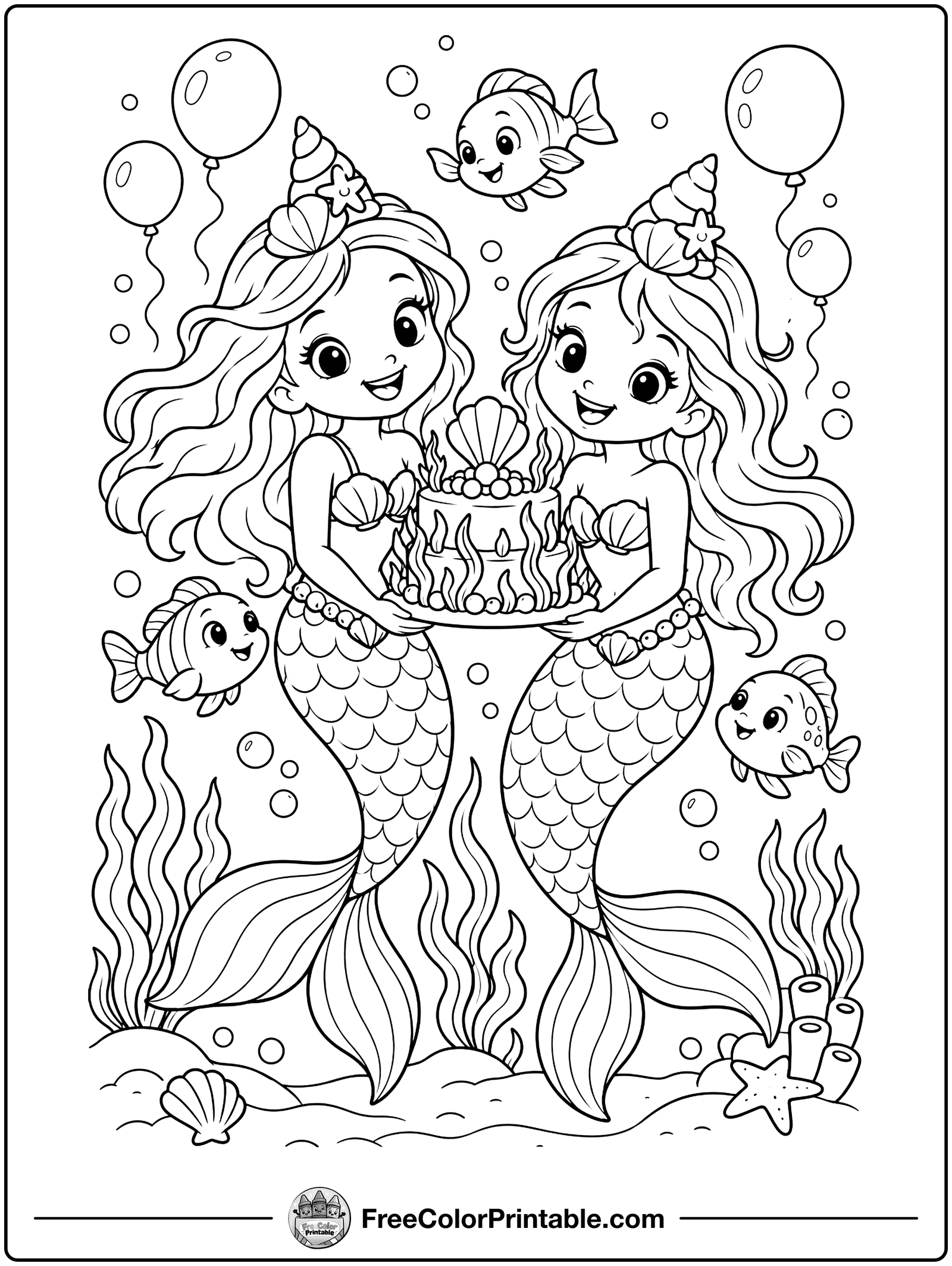 Mermaid Birthday Party Coloring Page — free color printable