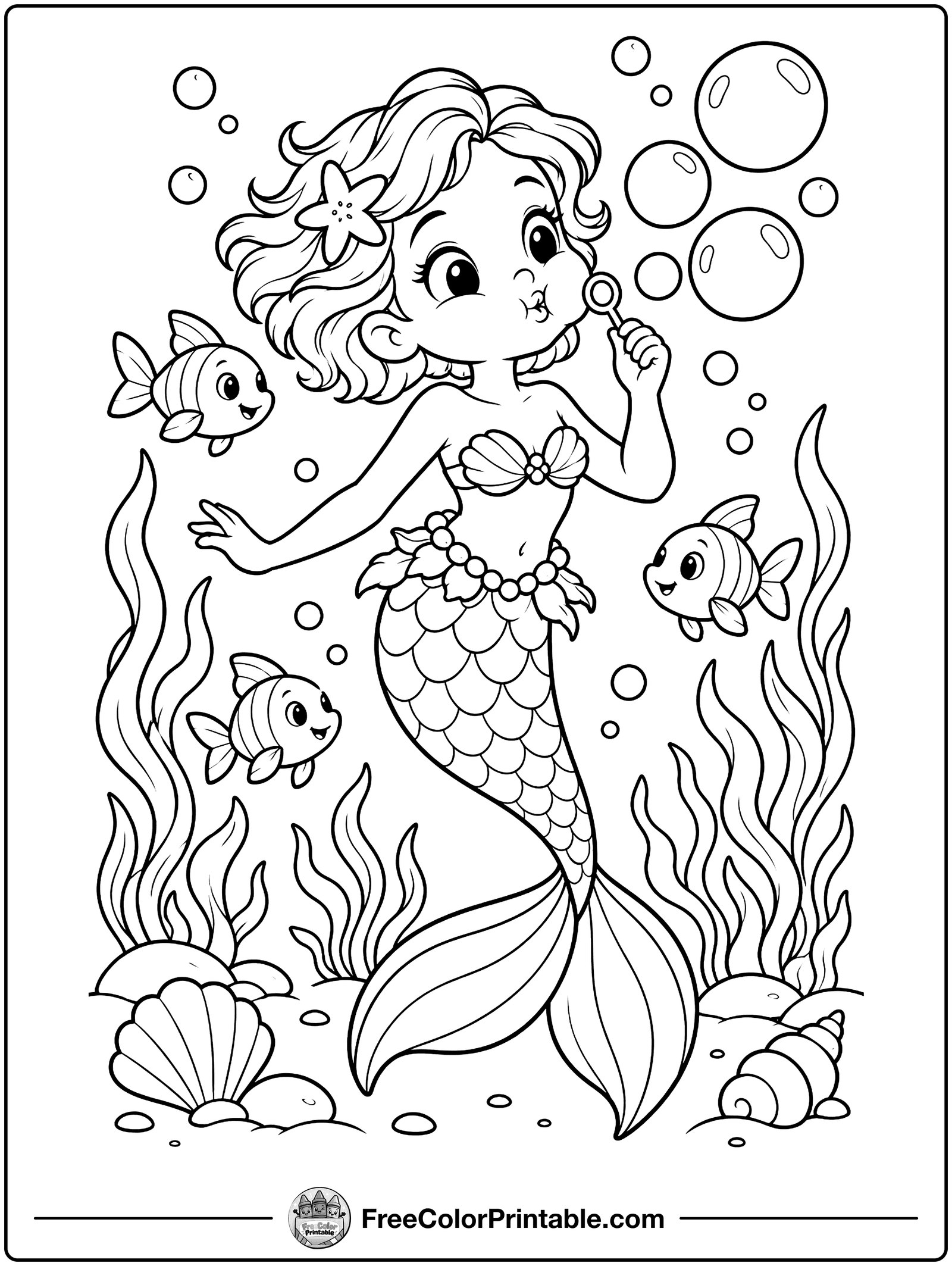 Mermaid Blowing Bubbles Coloring Page — free color printable from FreeColorPrintable