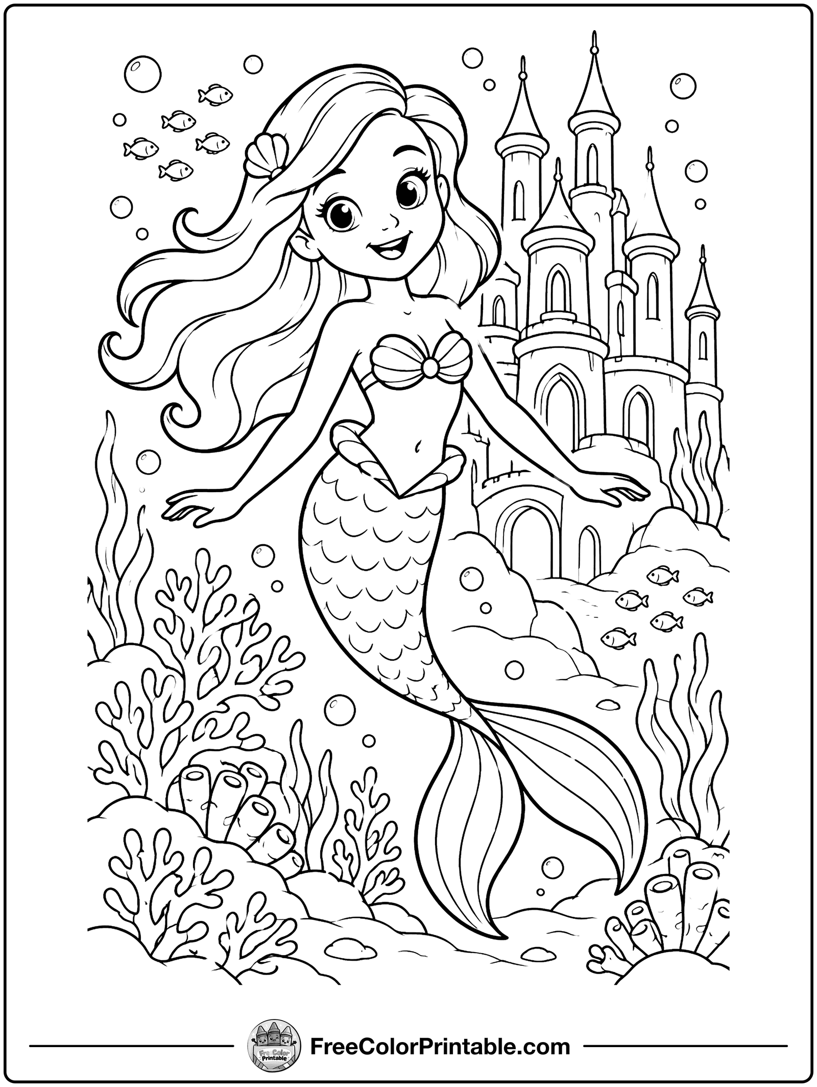 Mermaid Castle under the Sea Coloring Page — free color printable