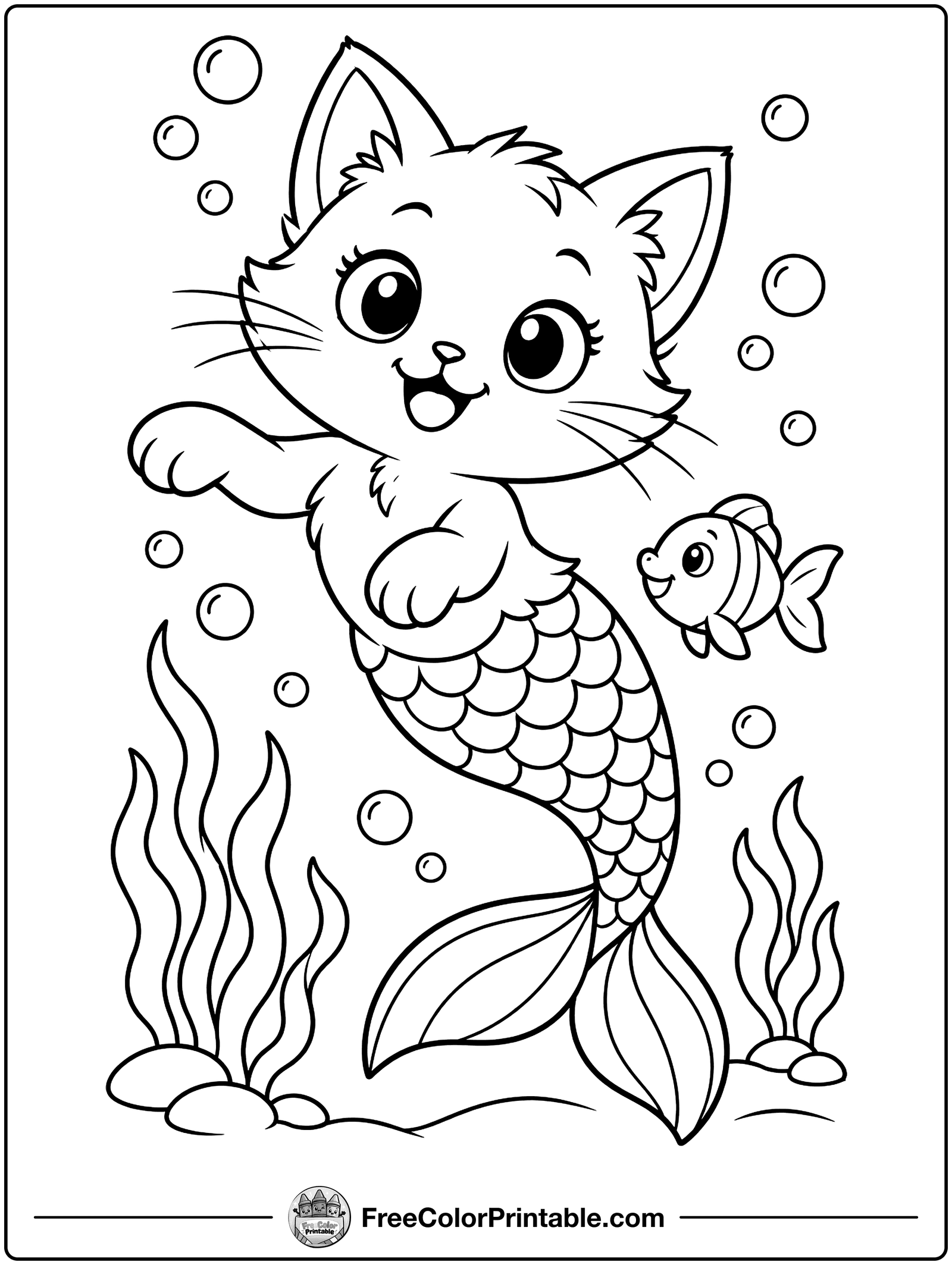 Mermaid Kitten Swimming Coloring Page — free color printable