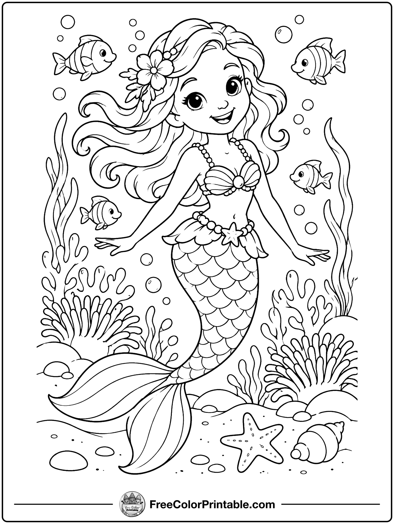 Mermaid in a Coral Garden Coloring Page — free color printable