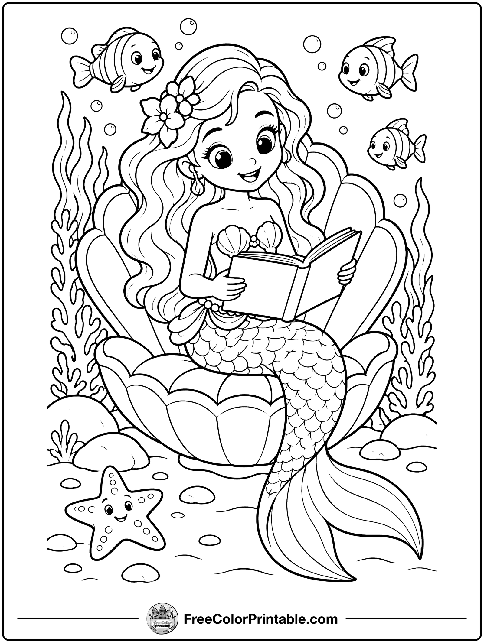 Mermaid Reading in a Shell Chair Coloring Page — free color printable