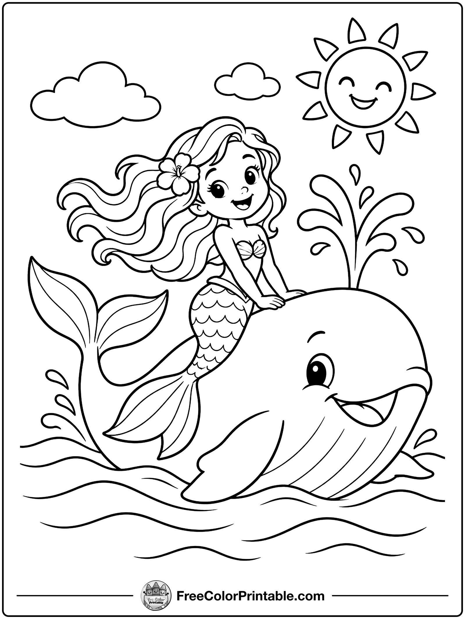 Mermaid Riding a Whale Coloring Page — free color printable