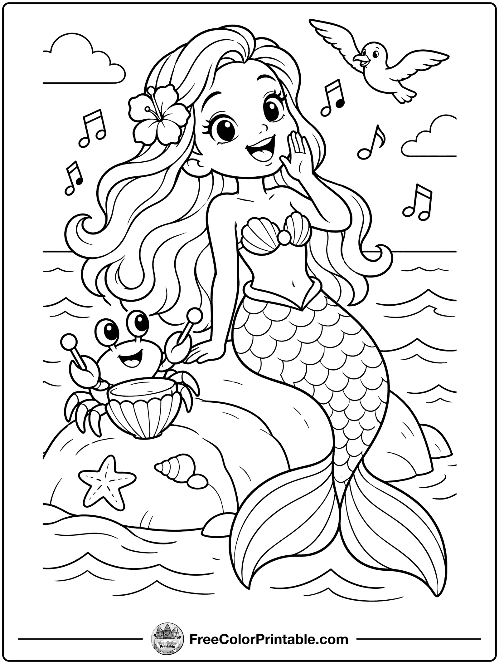 Mermaid Singing with a Crab Coloring Page — free color printable