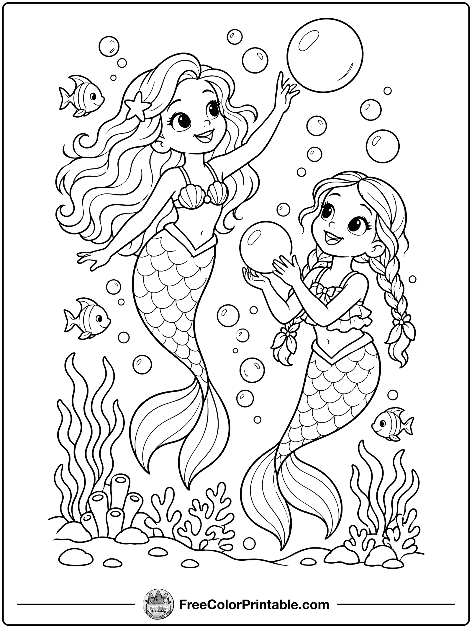 Two Mermaid Sisters Coloring Page — free color printable
