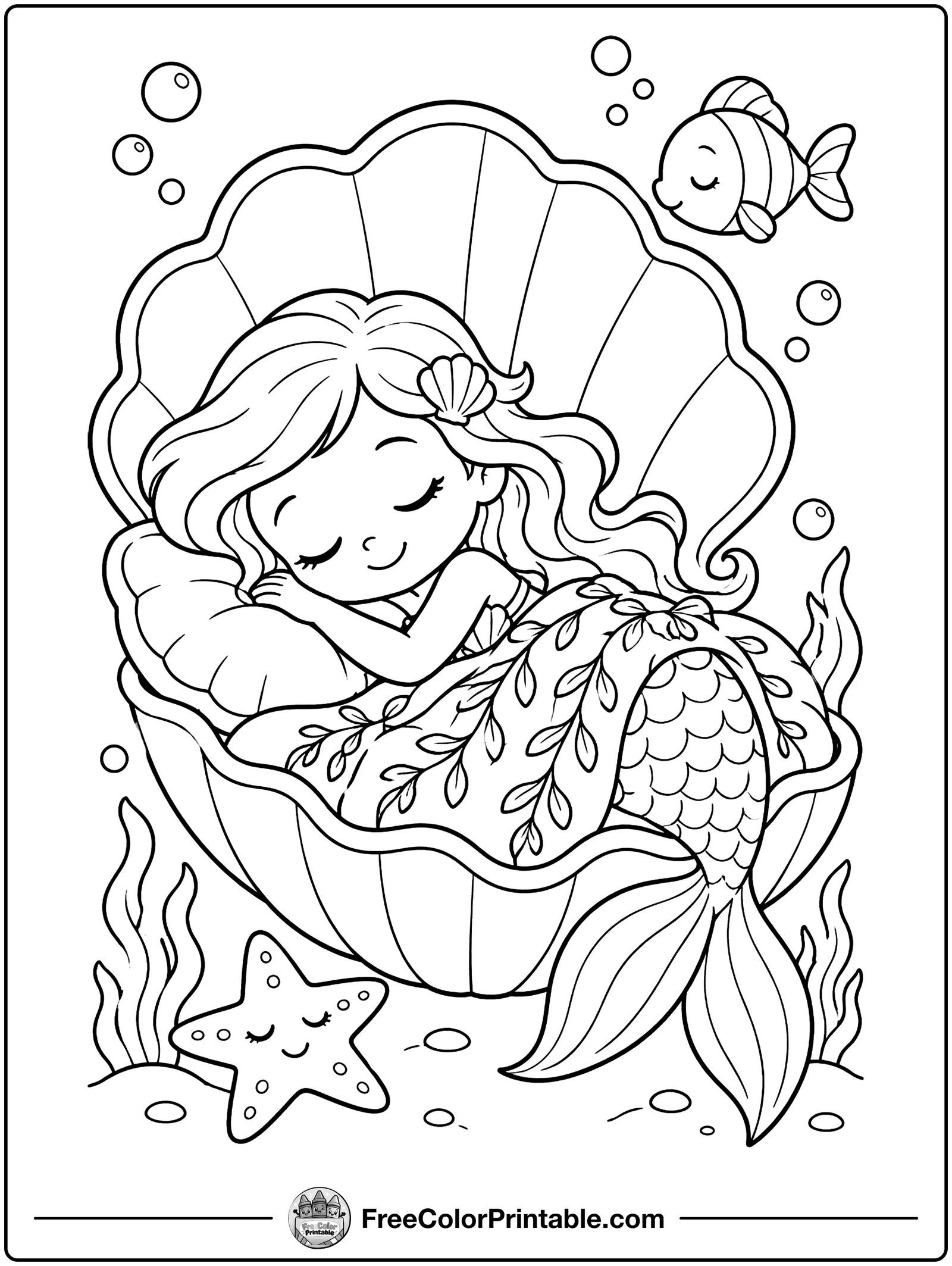 Mermaid Sleeping in a Clam Shell Coloring Page — free color printable