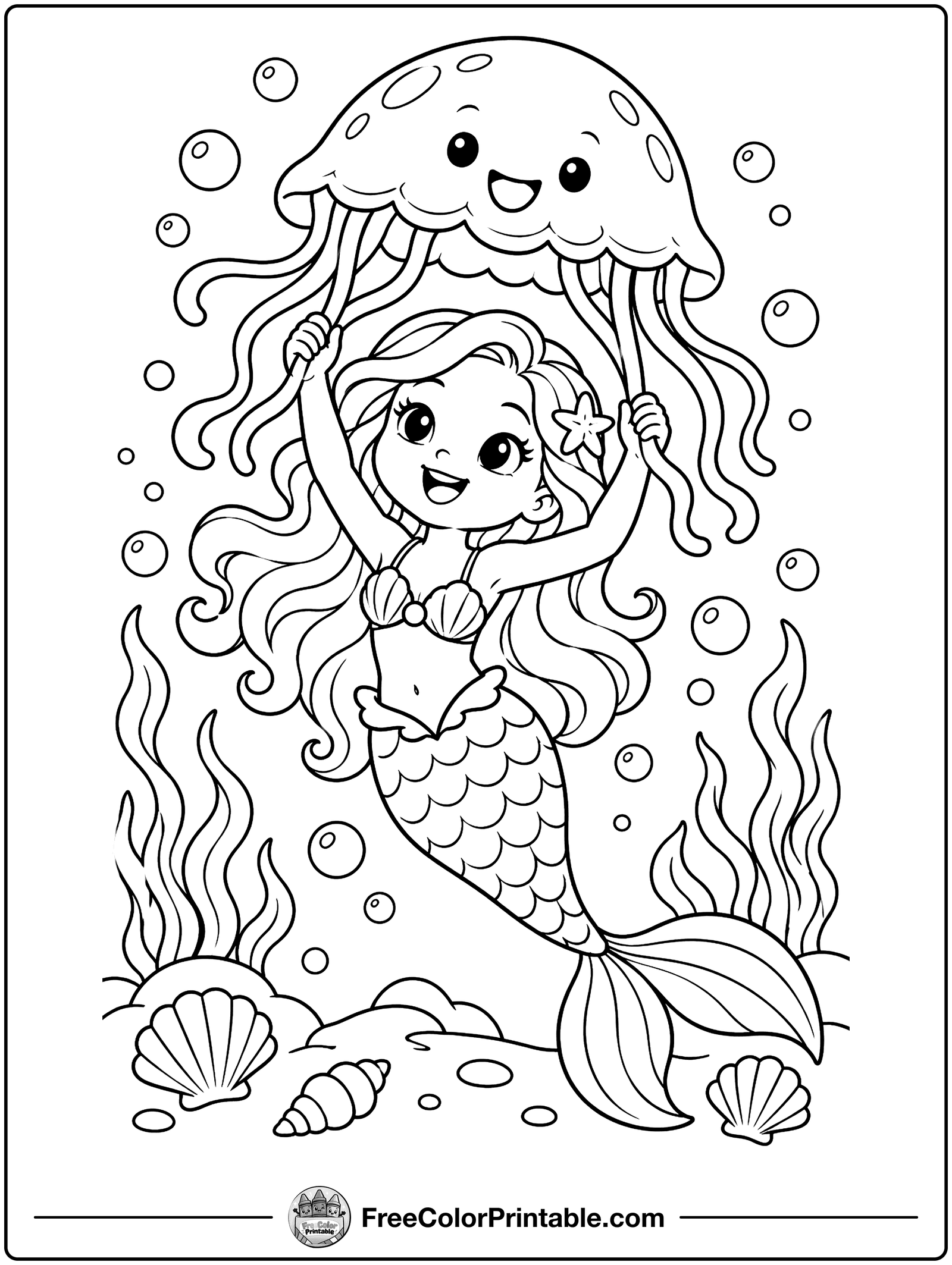 Mermaid with a Jellyfish Umbrella Coloring Page — free color printable