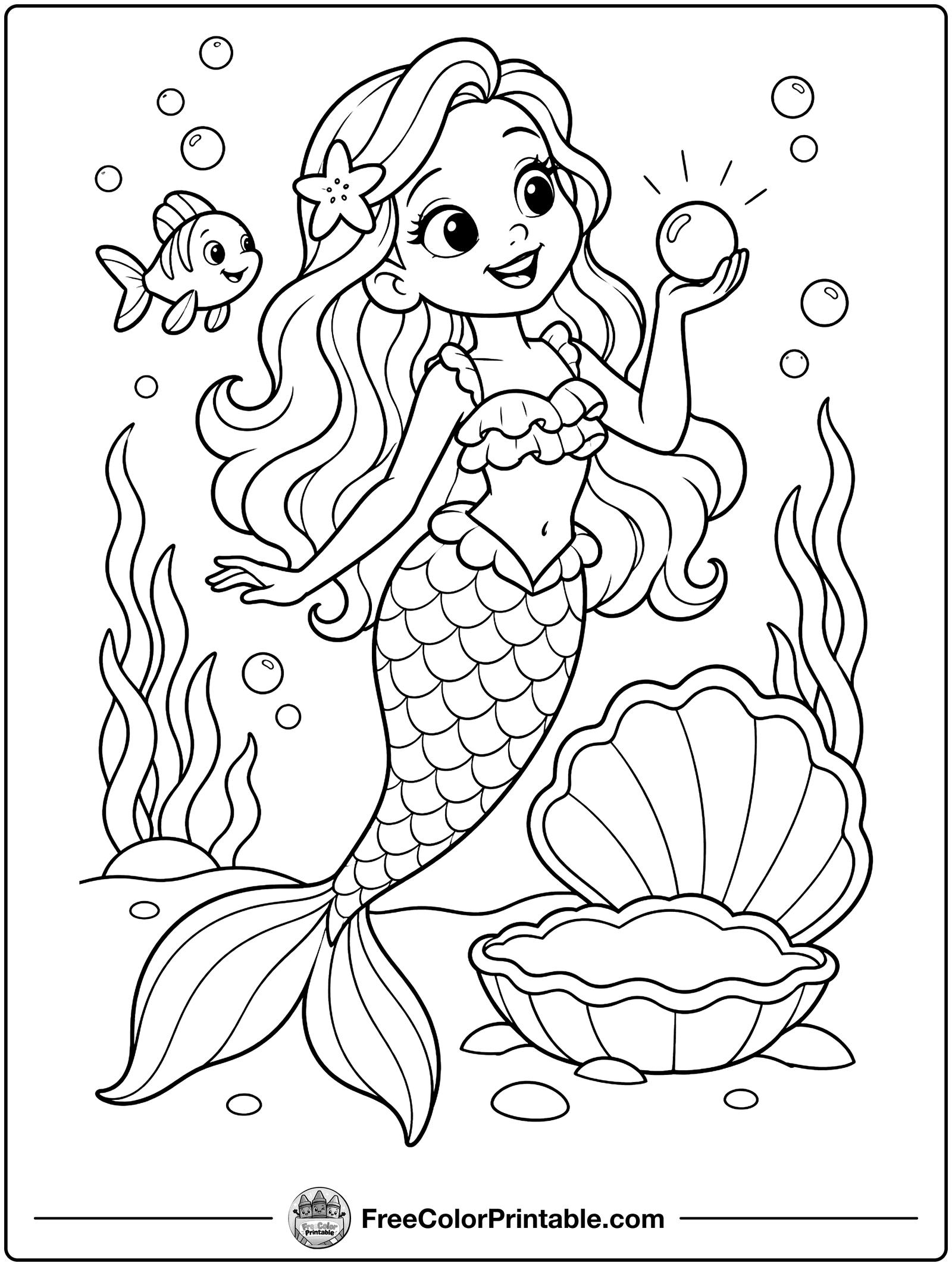 Mermaid with a Pearl Coloring Page — free color printable