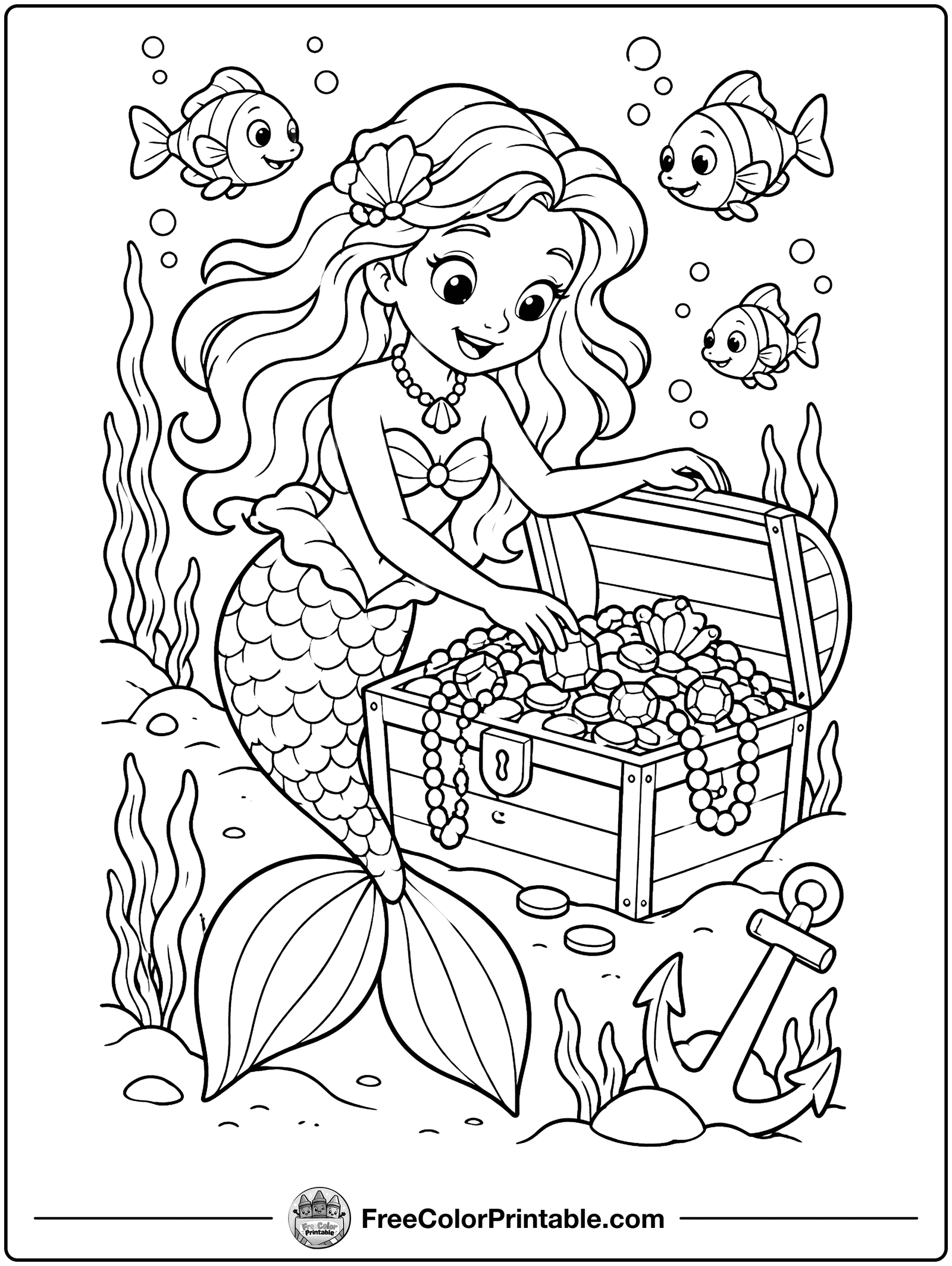 Mermaid with a Treasure Chest Coloring Page — free color printable