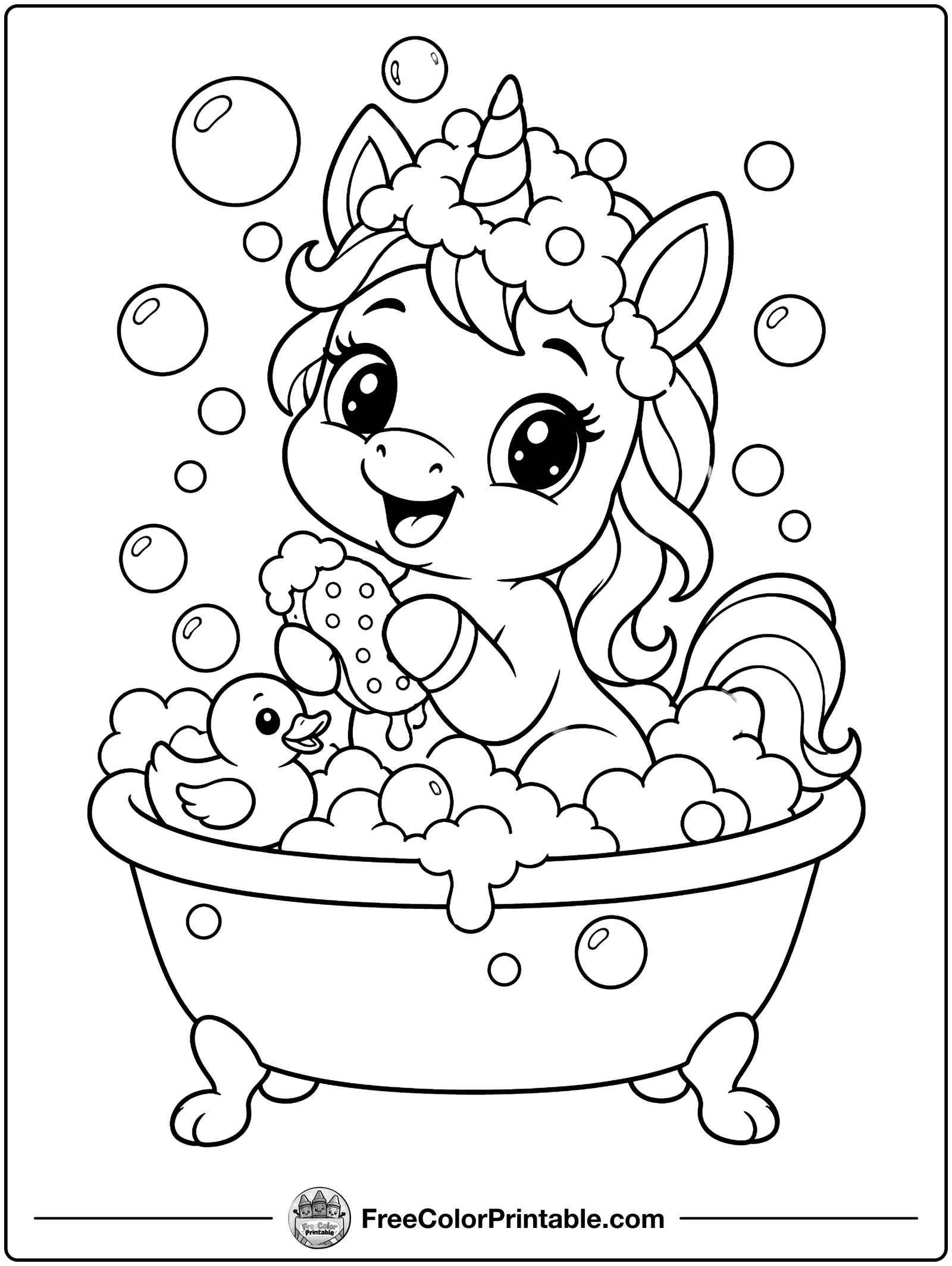 Baby Unicorn Bubble Bath Coloring Page — free color printable