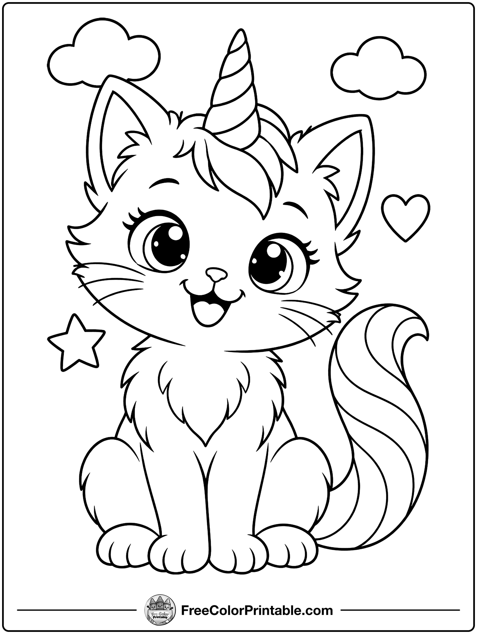 Cute Caticorn with Rainbow Tail Coloring Page — free color printable