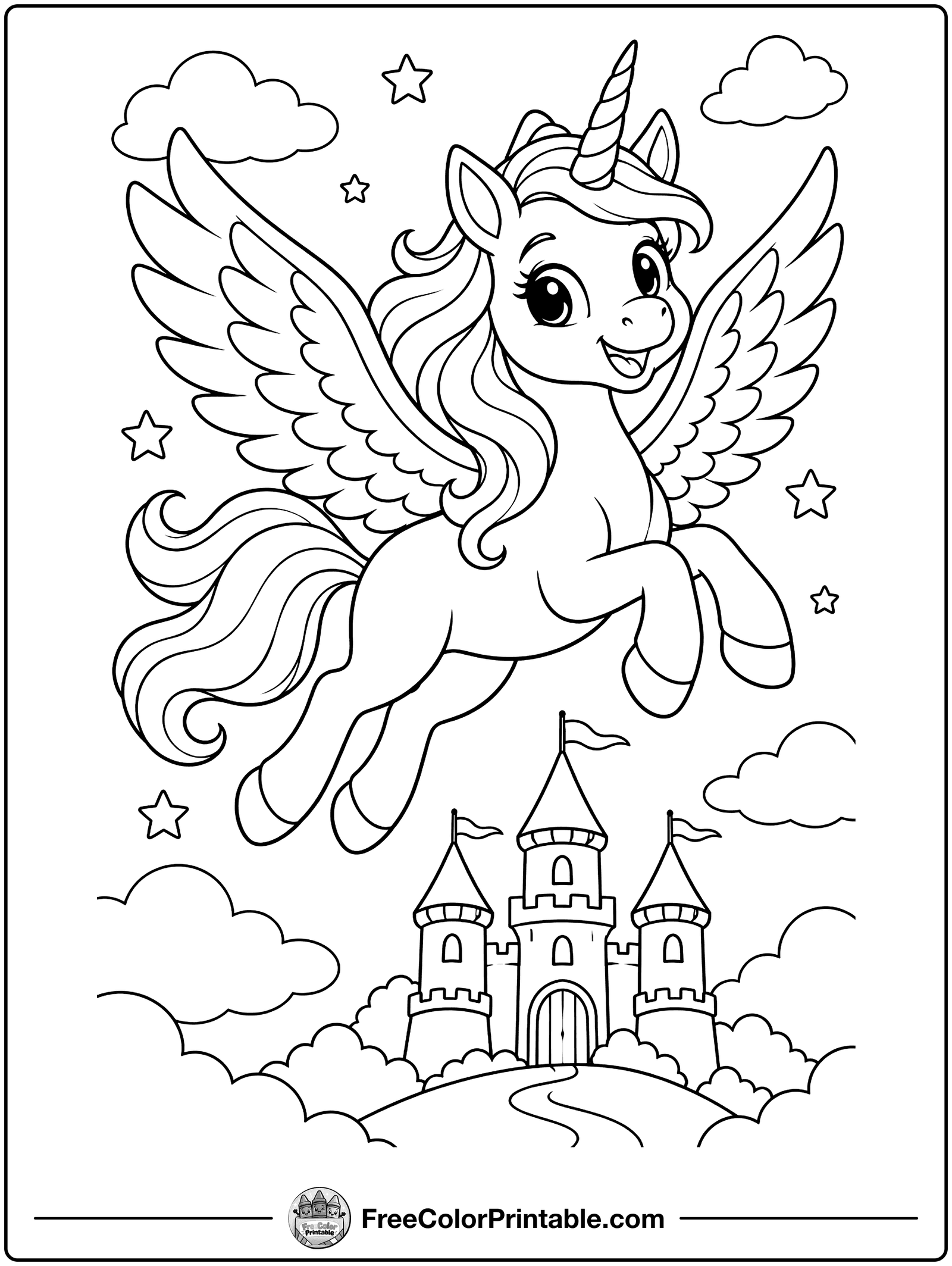 Flying Winged Unicorn Coloring Page — free color printable