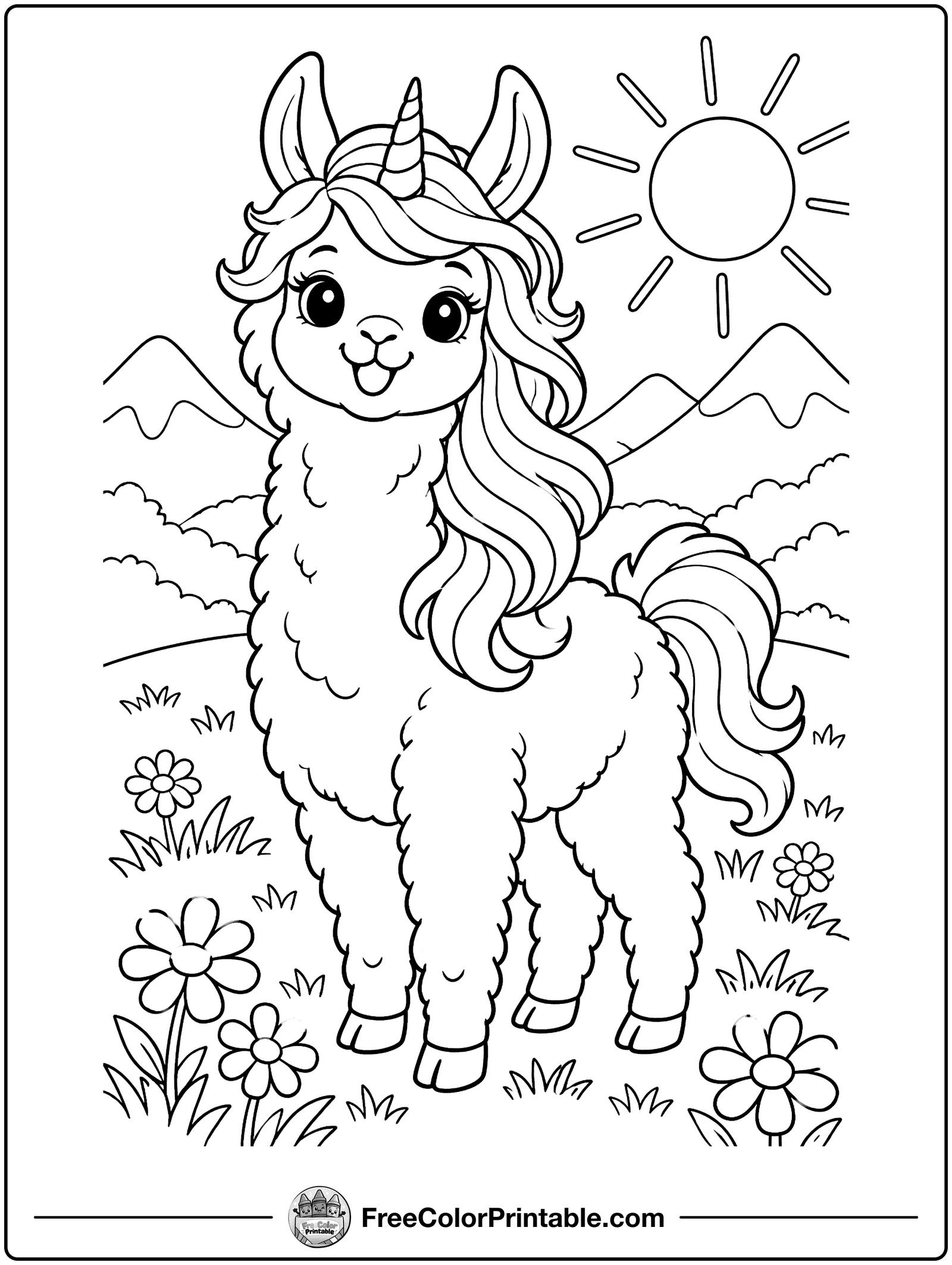 Llamacorn with Rainbow Mane Coloring Page — free color printable