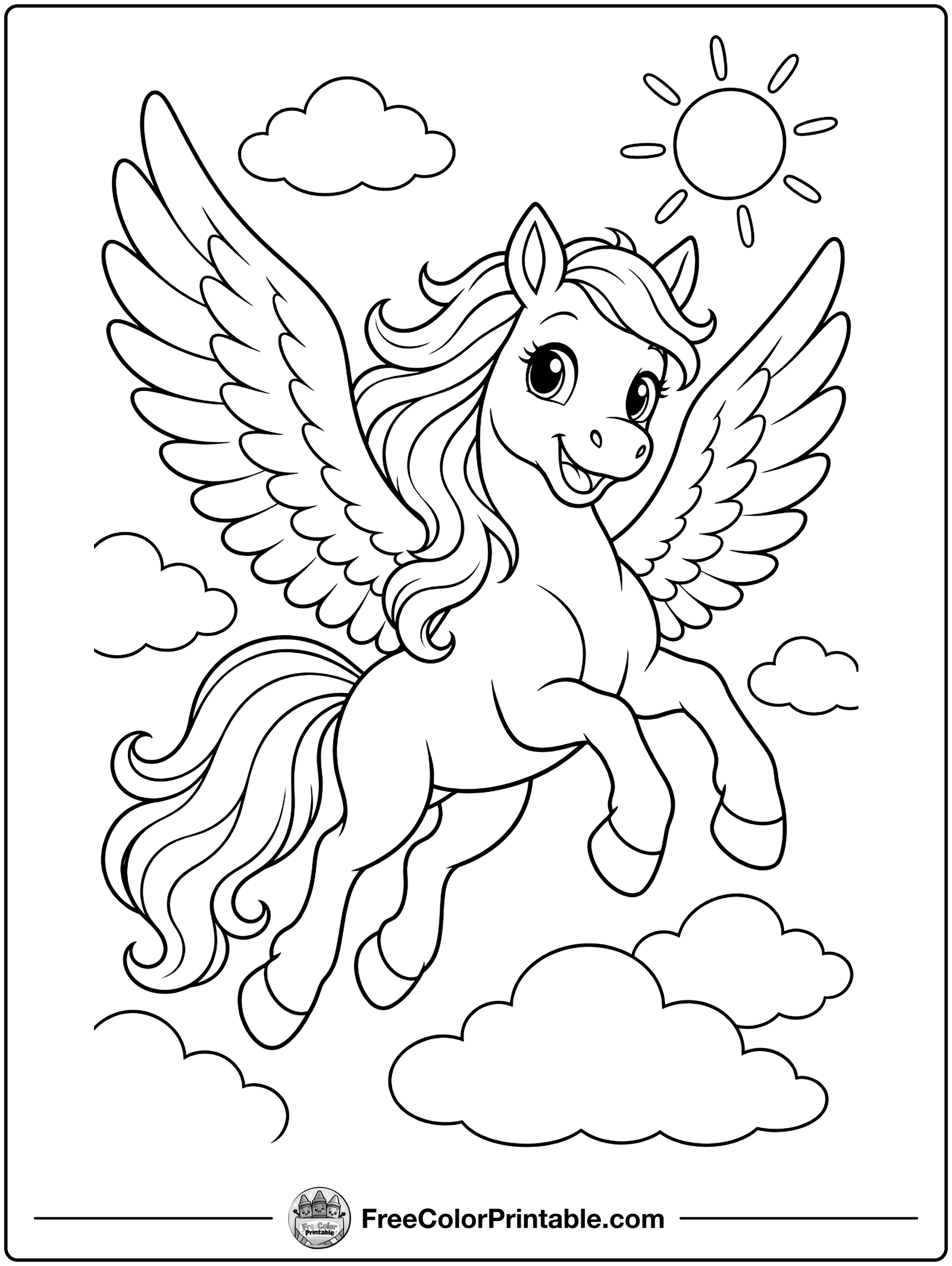 Pegasus Soaring in the Sky Coloring Page — free color printable