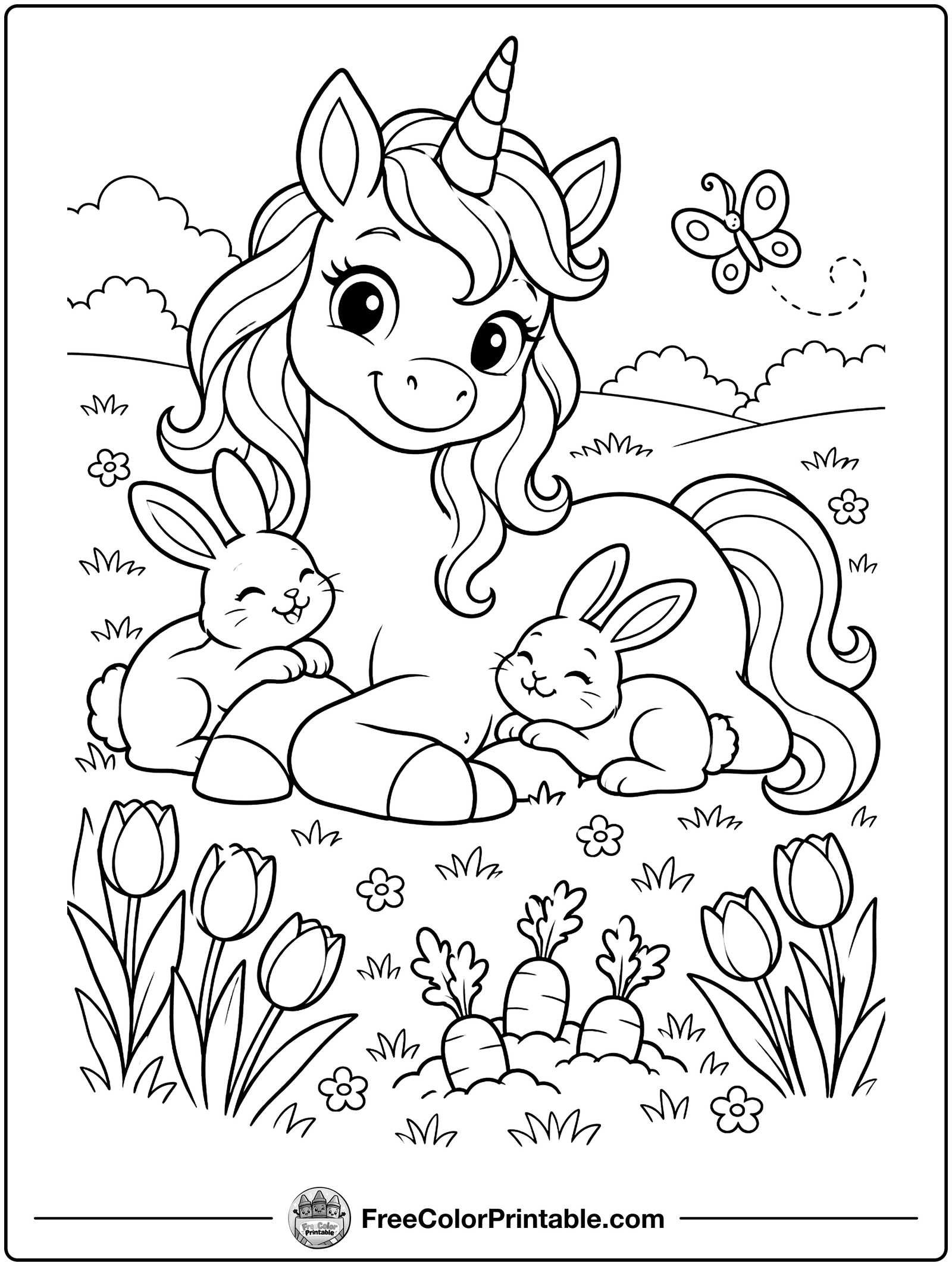 Unicorn and Bunny Friends Coloring Page — free color printable