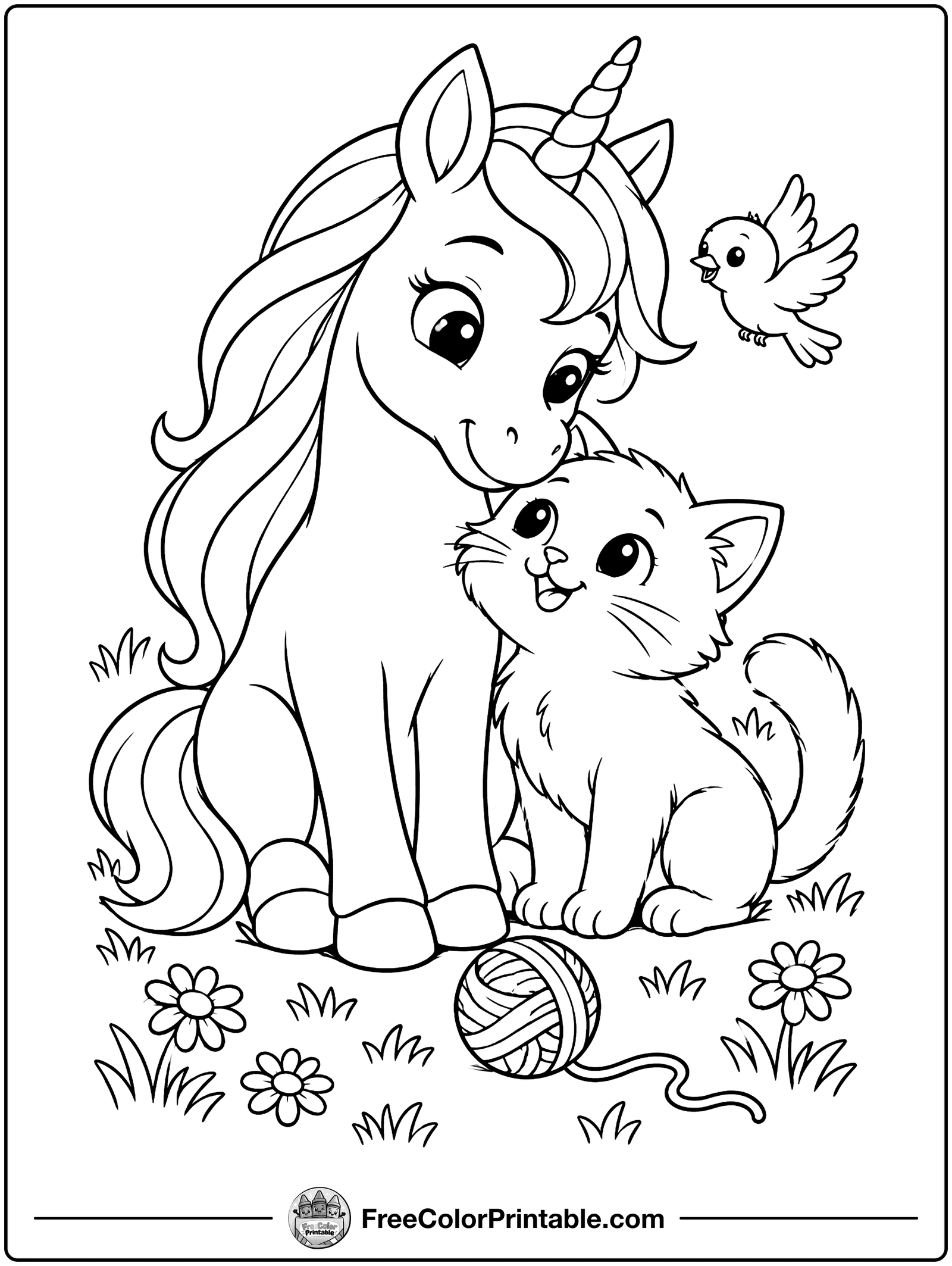 Unicorn and Kitten Friends Coloring Page — free color printable