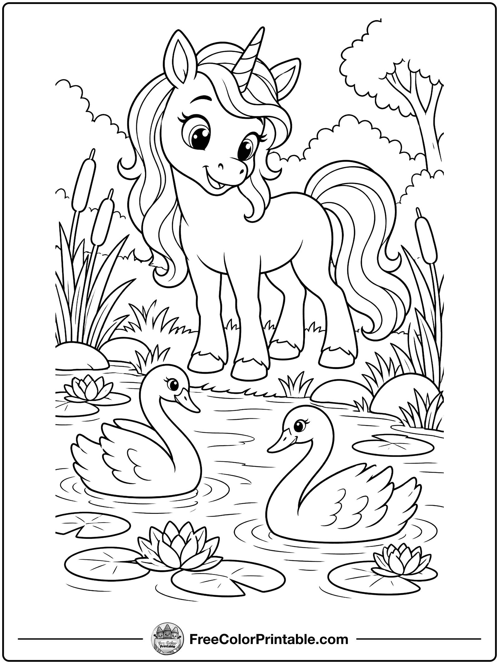 Unicorn and Swans at the Pond Coloring Page — free color printable