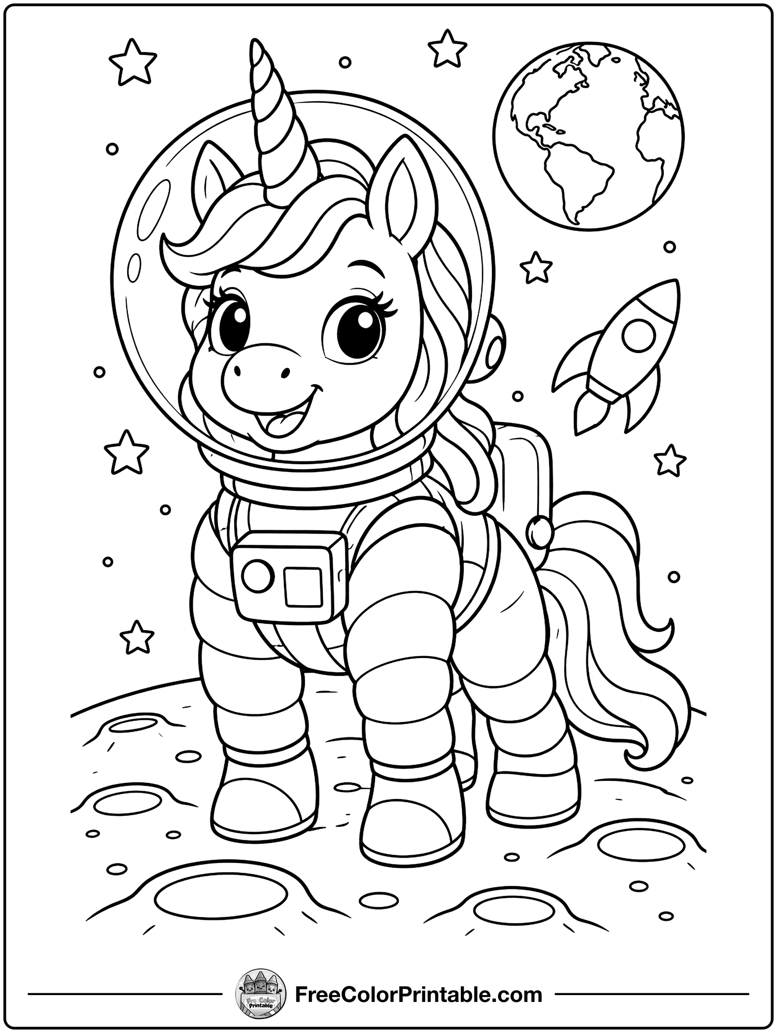 Unicorn Astronaut on the Moon Coloring Page — free color printable
