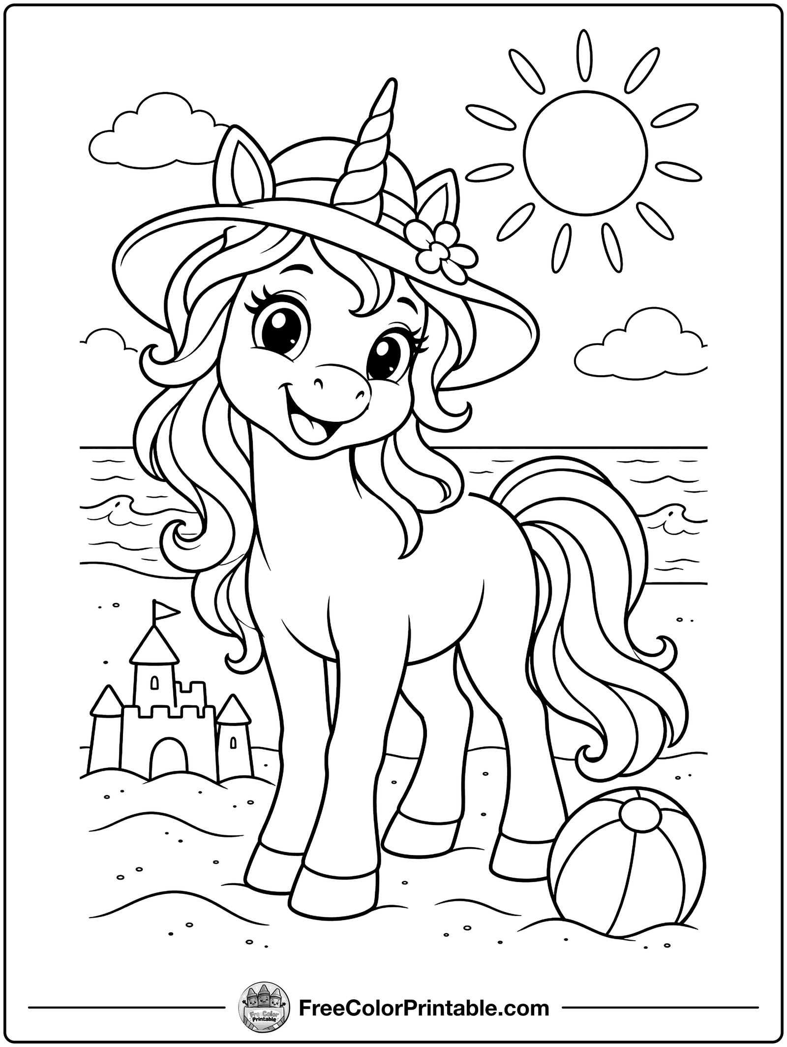 Unicorn at the Beach Coloring Page — free color printable
