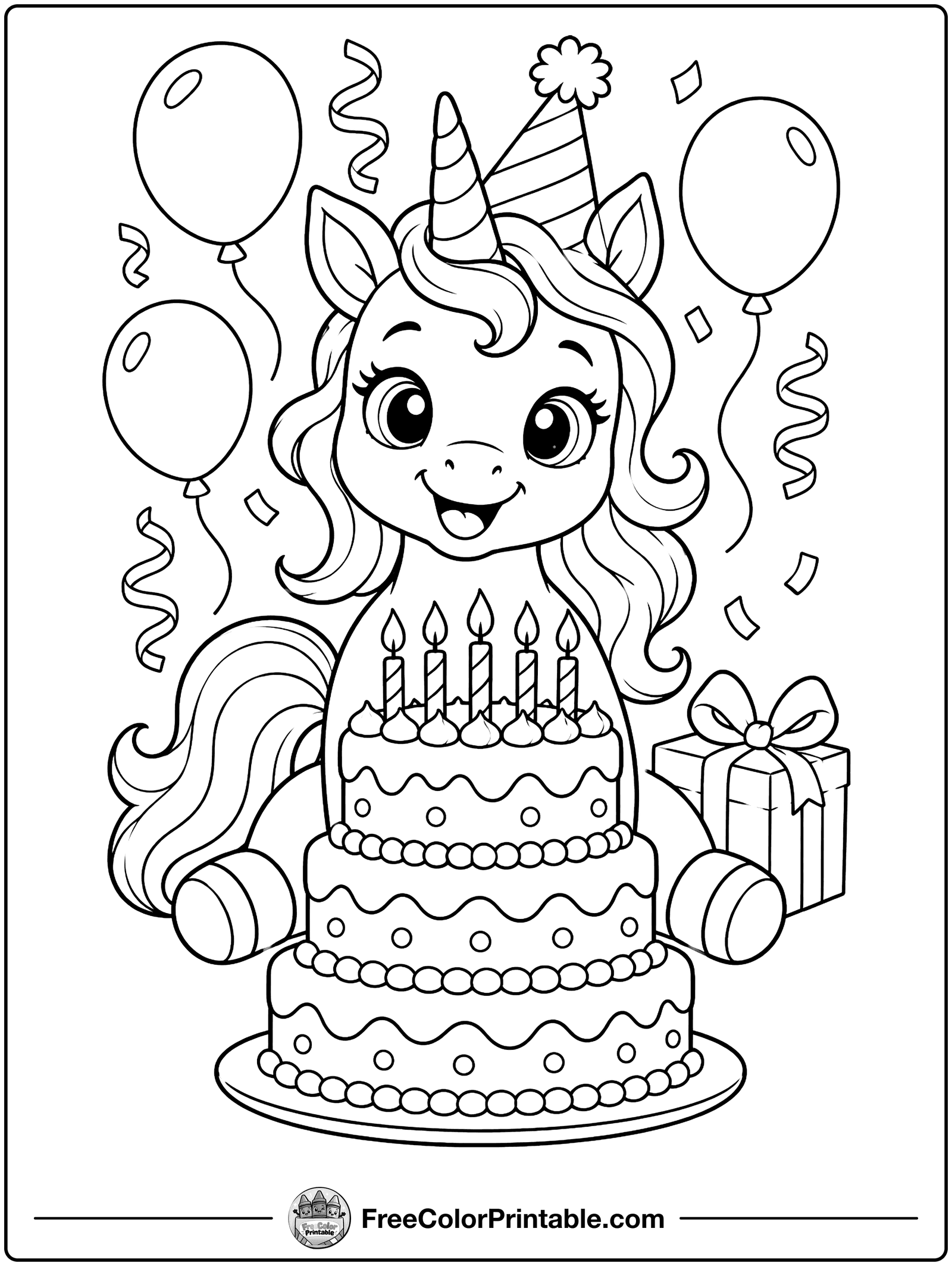 Unicorn Birthday Cake Coloring Page — free color printable