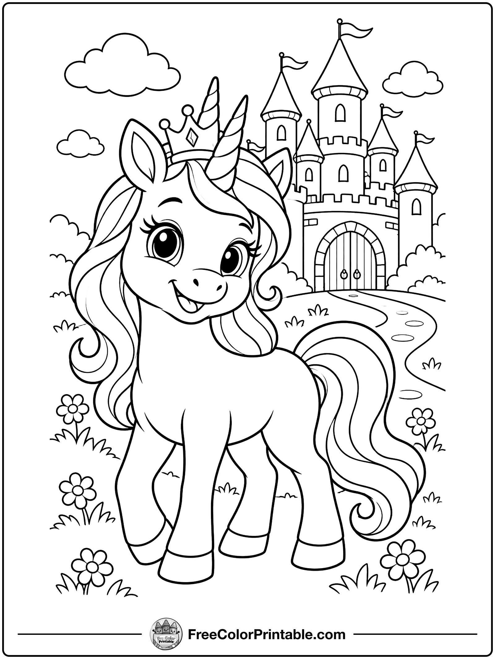 Unicorn by a Princess Castle Coloring Page — free color printable