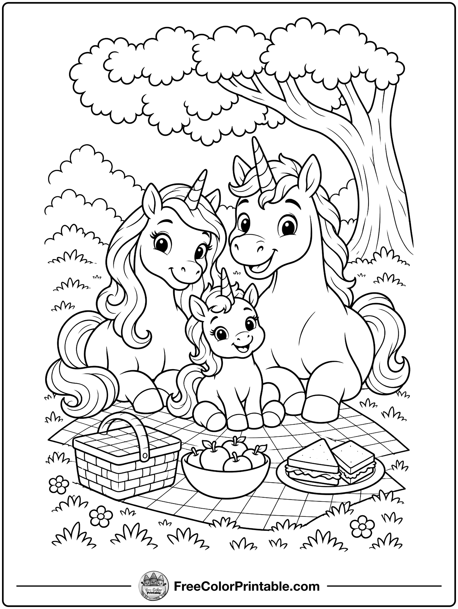 Unicorn Family Picnic Coloring Page — free color printable