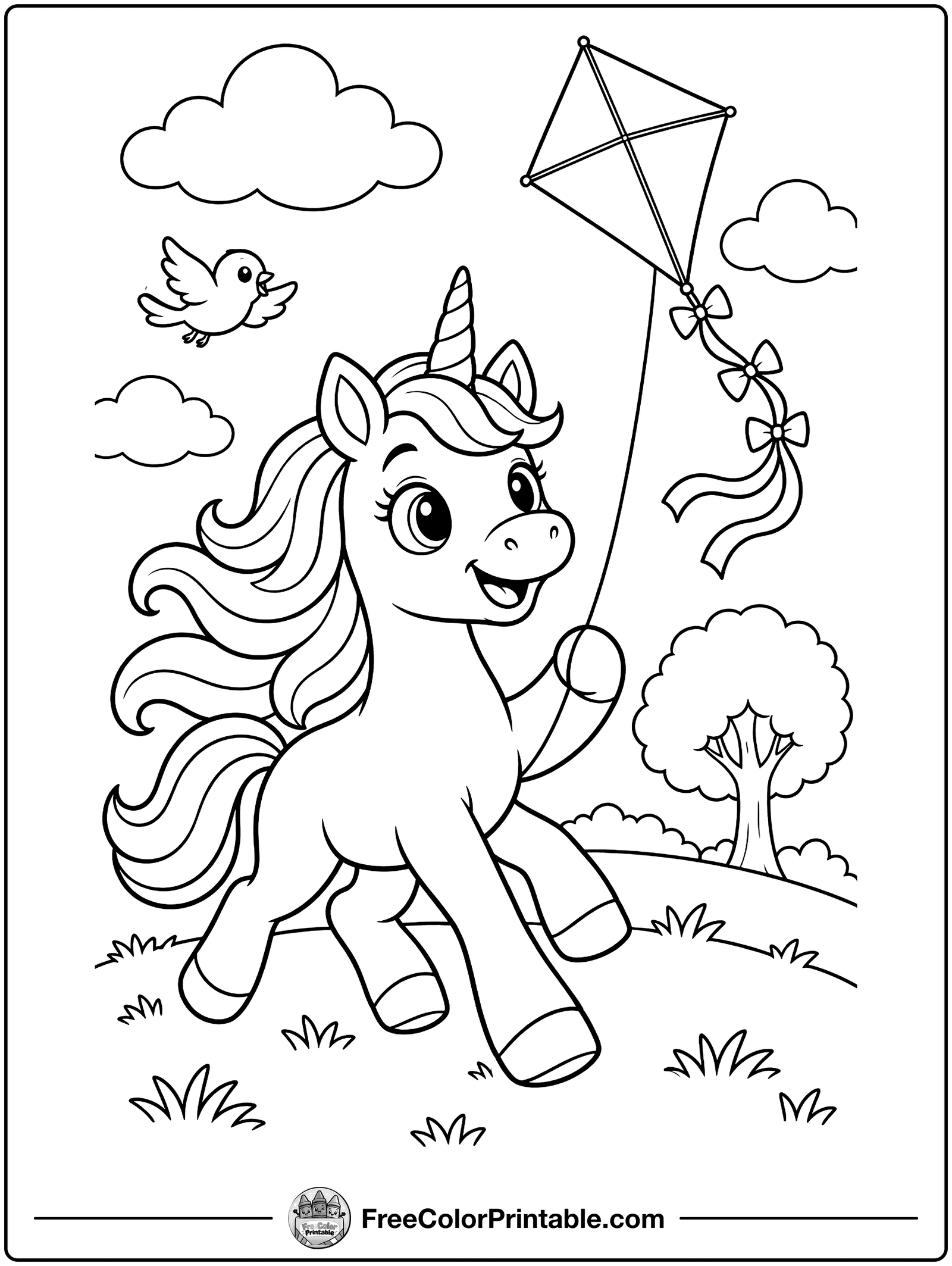 Unicorn Flying a Kite Coloring Page — free color printable
