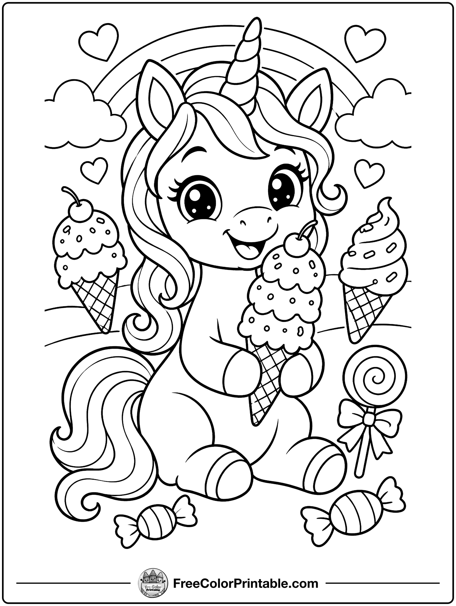 Unicorn Ice Cream Party Coloring Page — free color printable