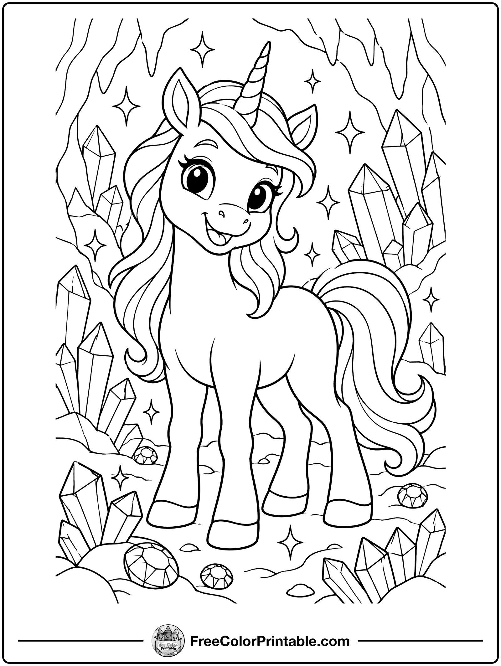 Unicorn in a Crystal Cave Coloring Page — free color printable