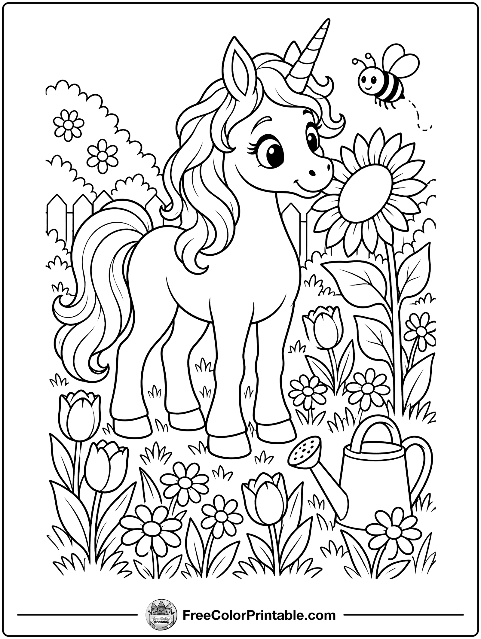 Unicorn in a Flower Garden Coloring Page — free color printable