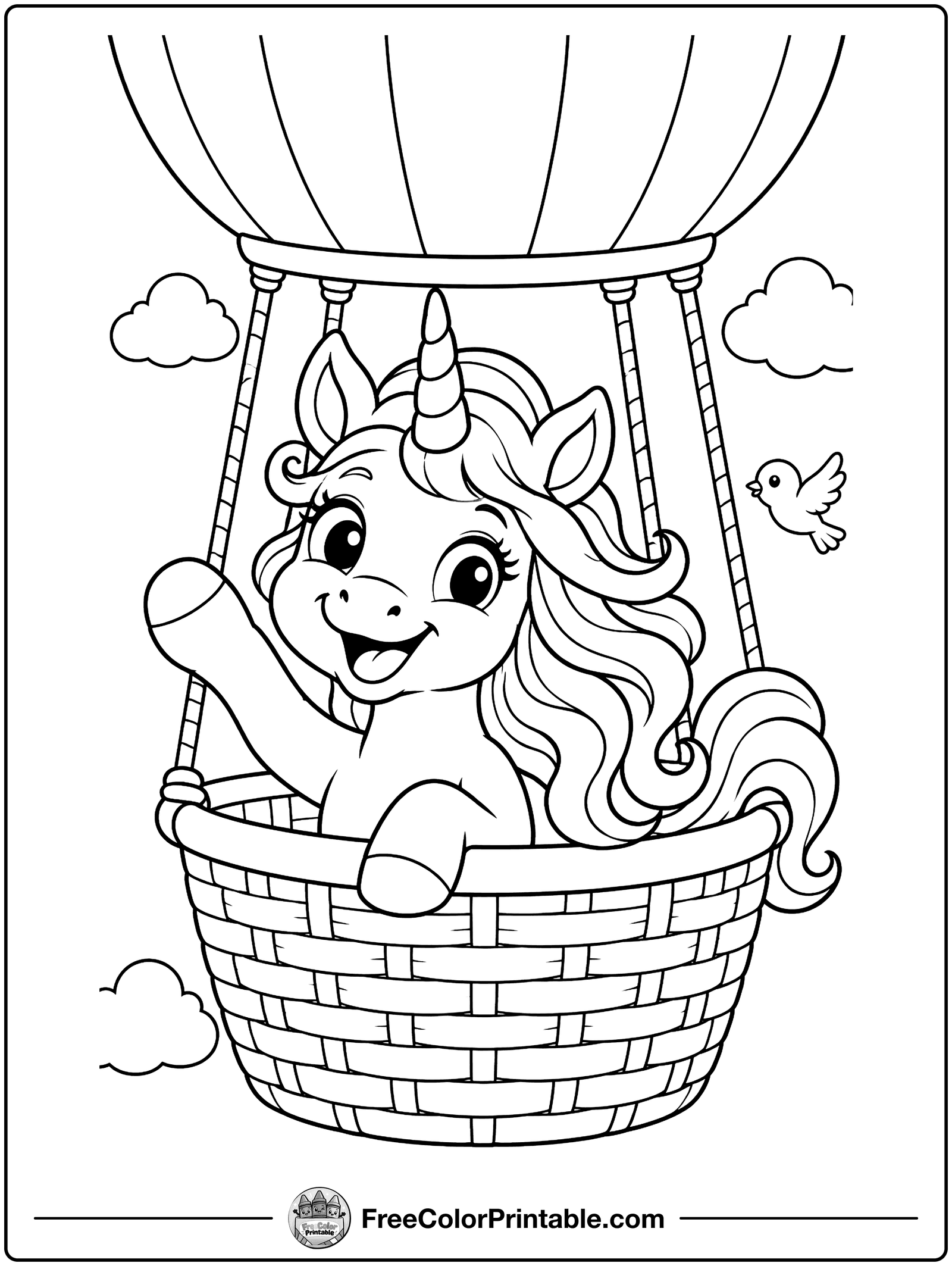 Unicorn in a Hot Air Balloon Coloring Page — free color printable