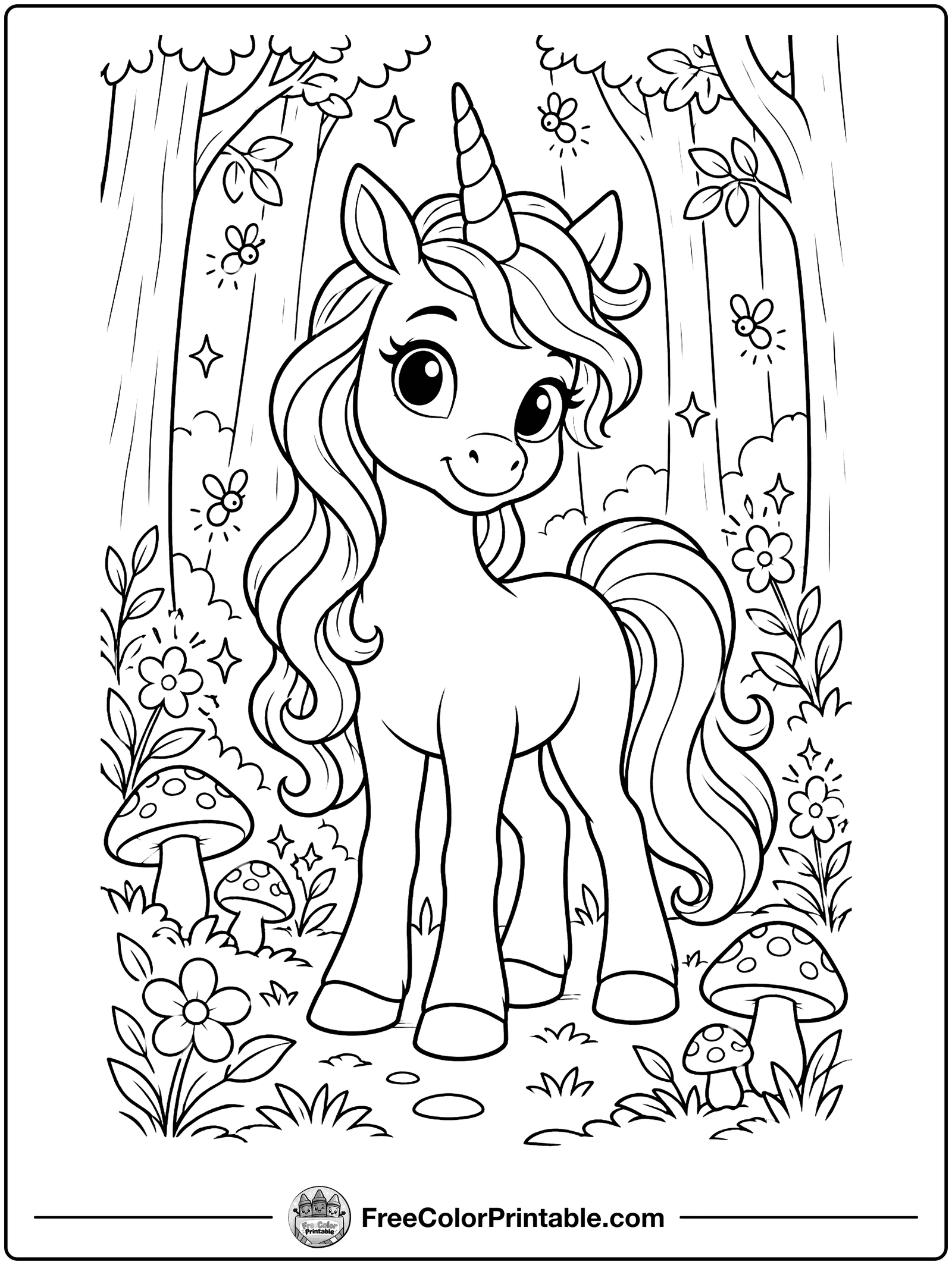 Unicorn in a Magic Forest Coloring Page — free color printable