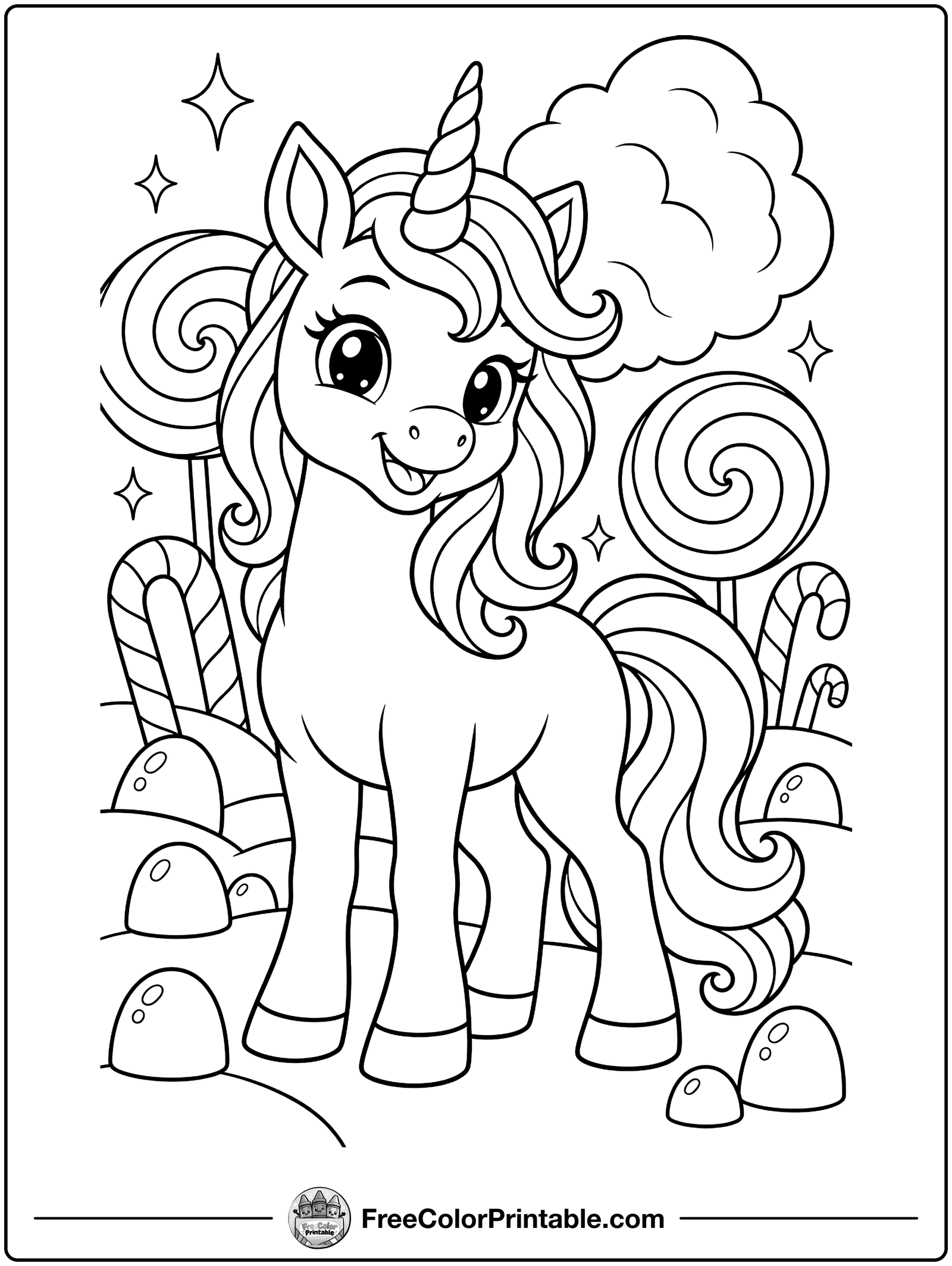 Unicorn in Candy Land Coloring Page — free color printable