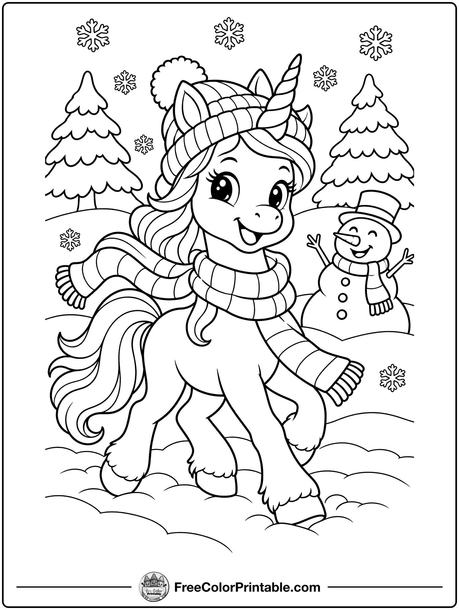 Unicorn in the Snow Coloring Page — free color printable