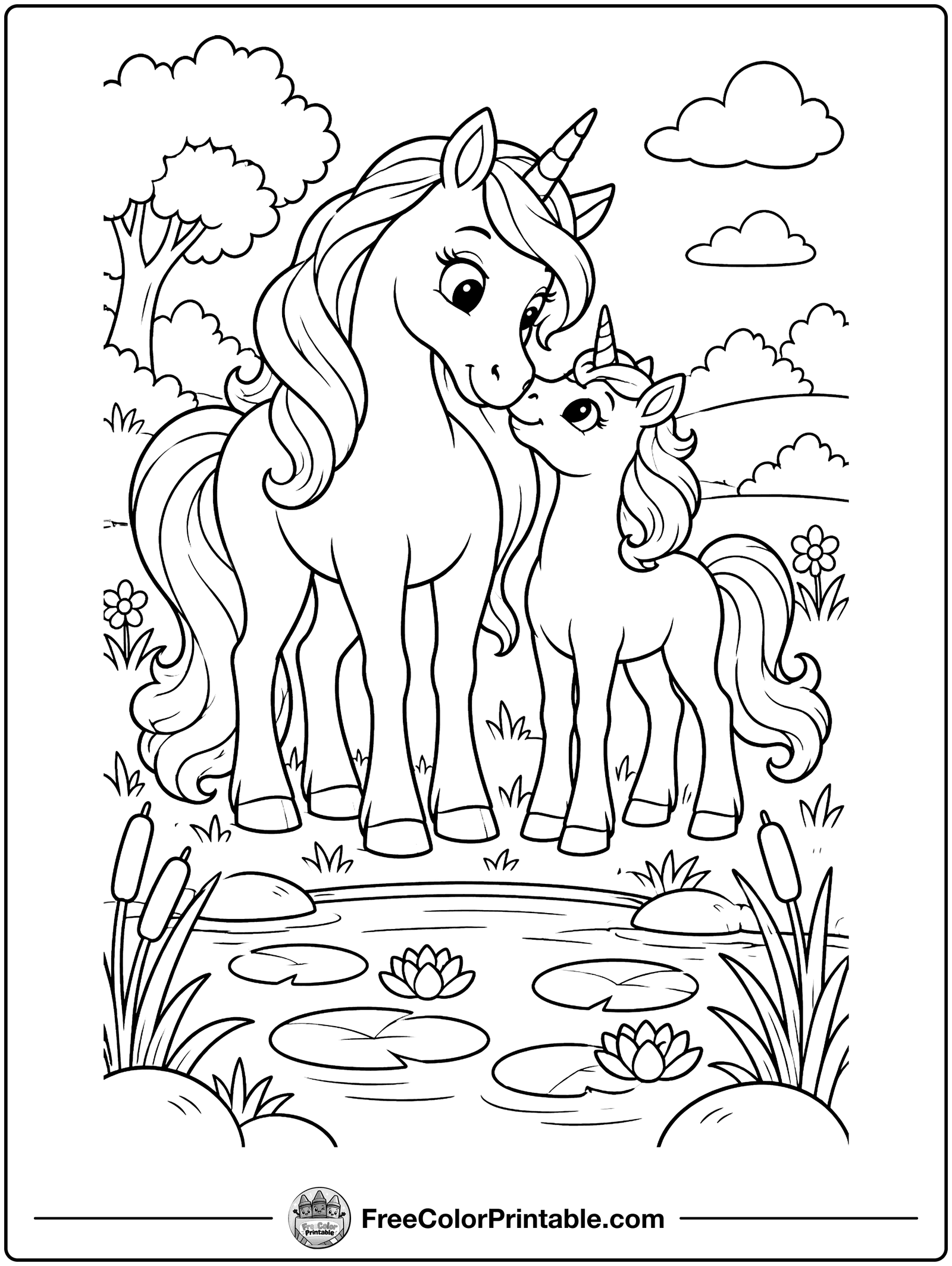 Unicorn Mom and Foal Coloring Page — free color printable