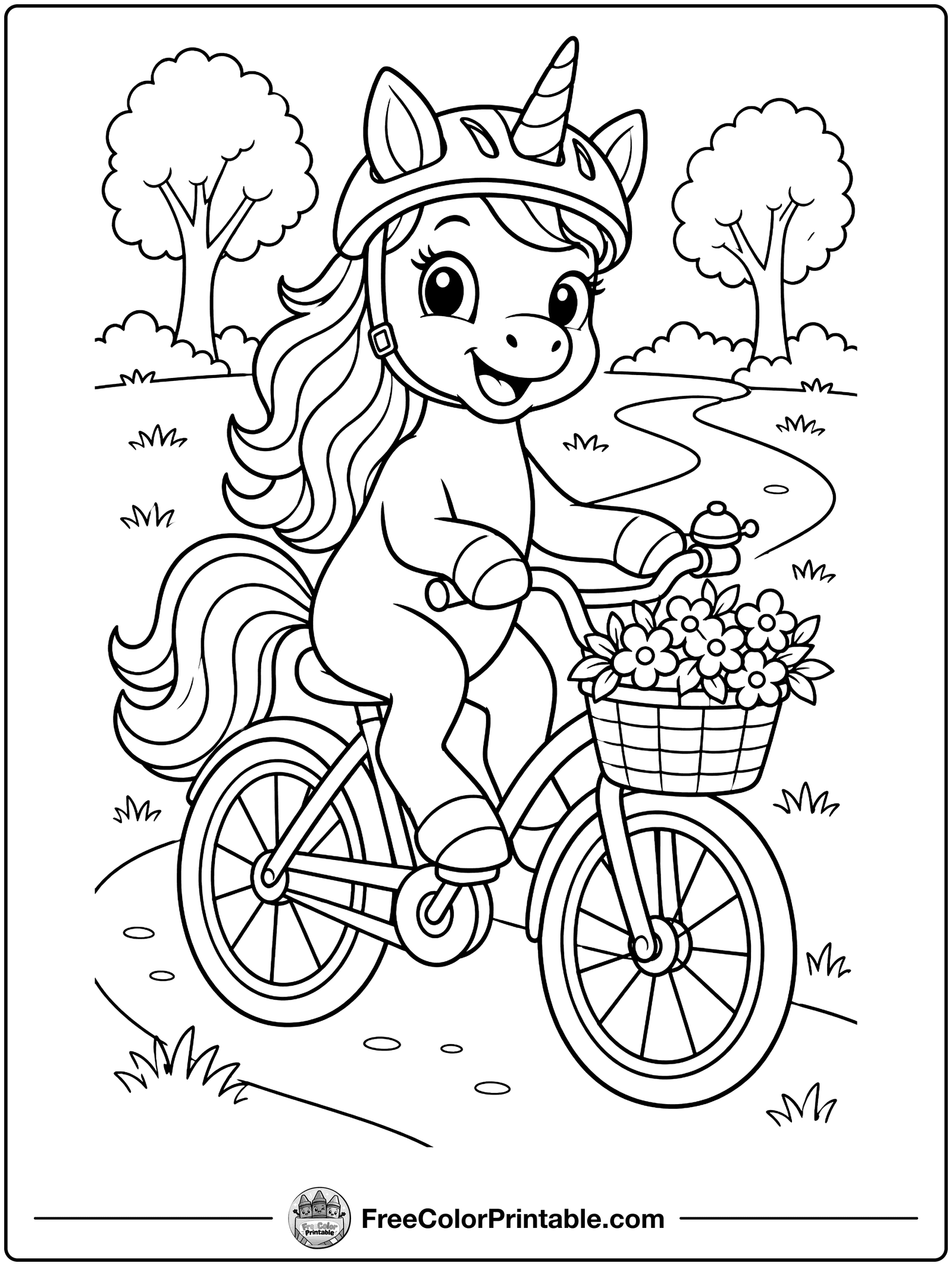 Unicorn on a Bicycle Coloring Page — free color printable