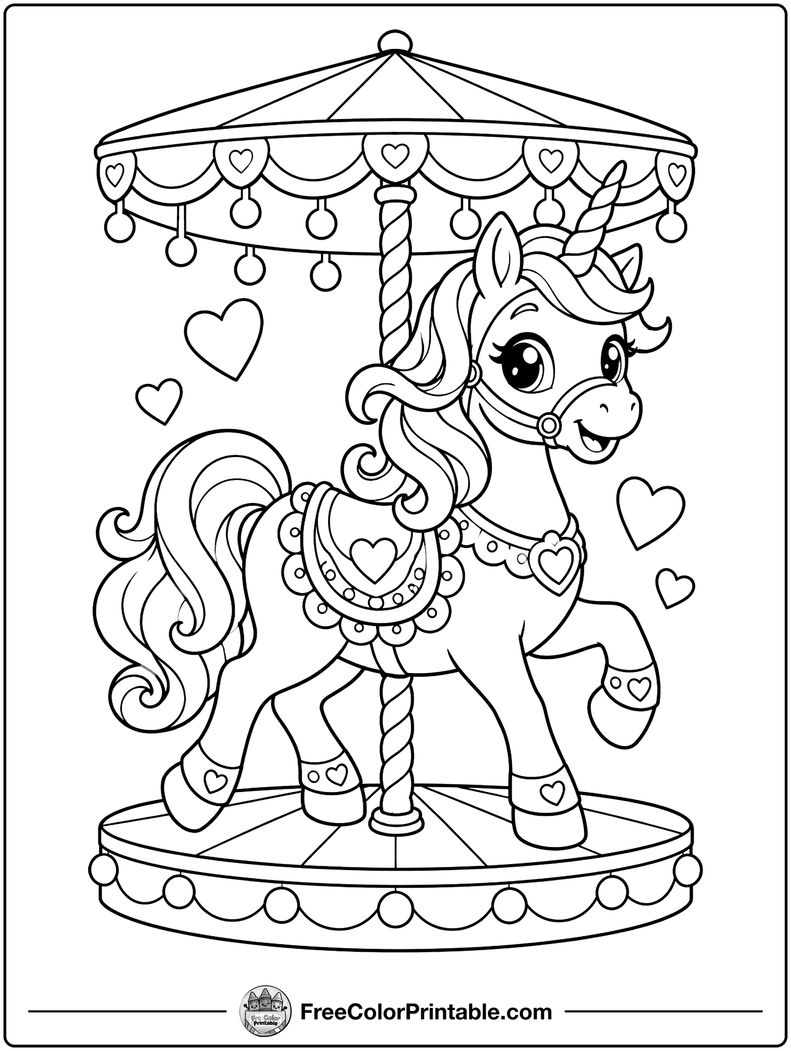 Unicorn on a Carousel Coloring Page — free color printable