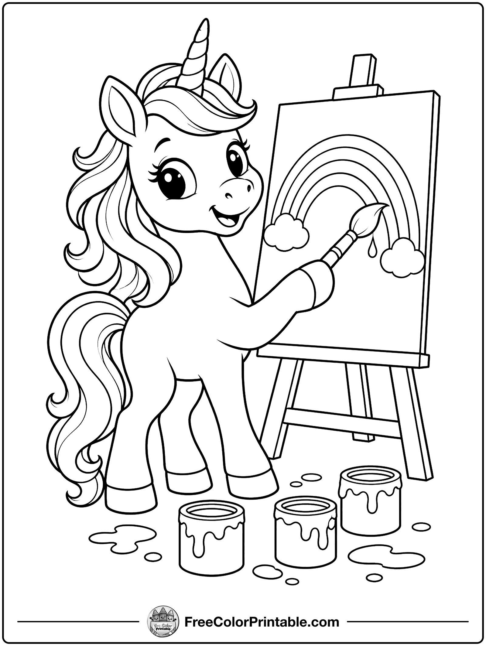 Unicorn Painting a Rainbow Coloring Page — free color printable
