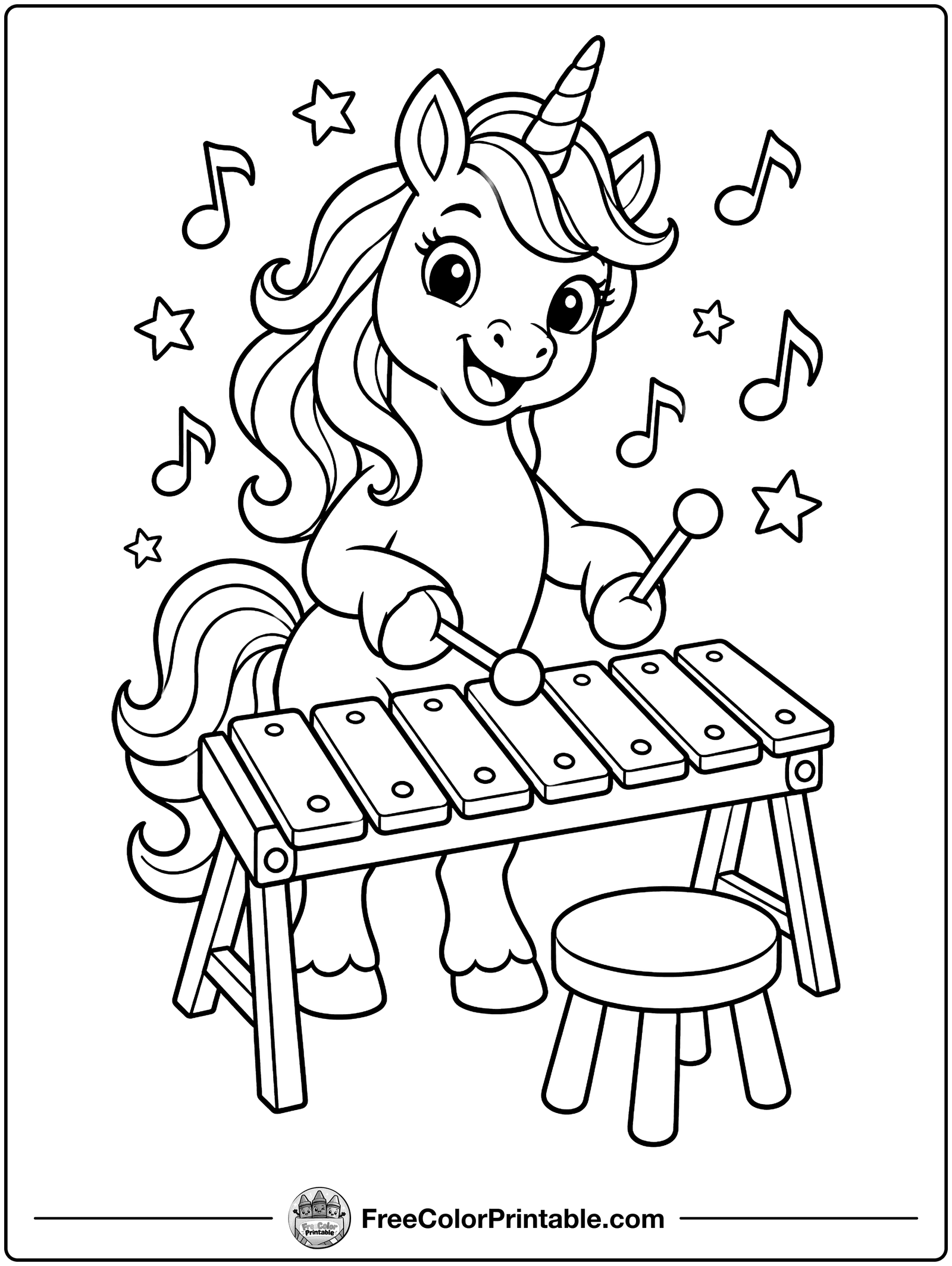 Unicorn Playing a Xylophone Coloring Page — free color printable