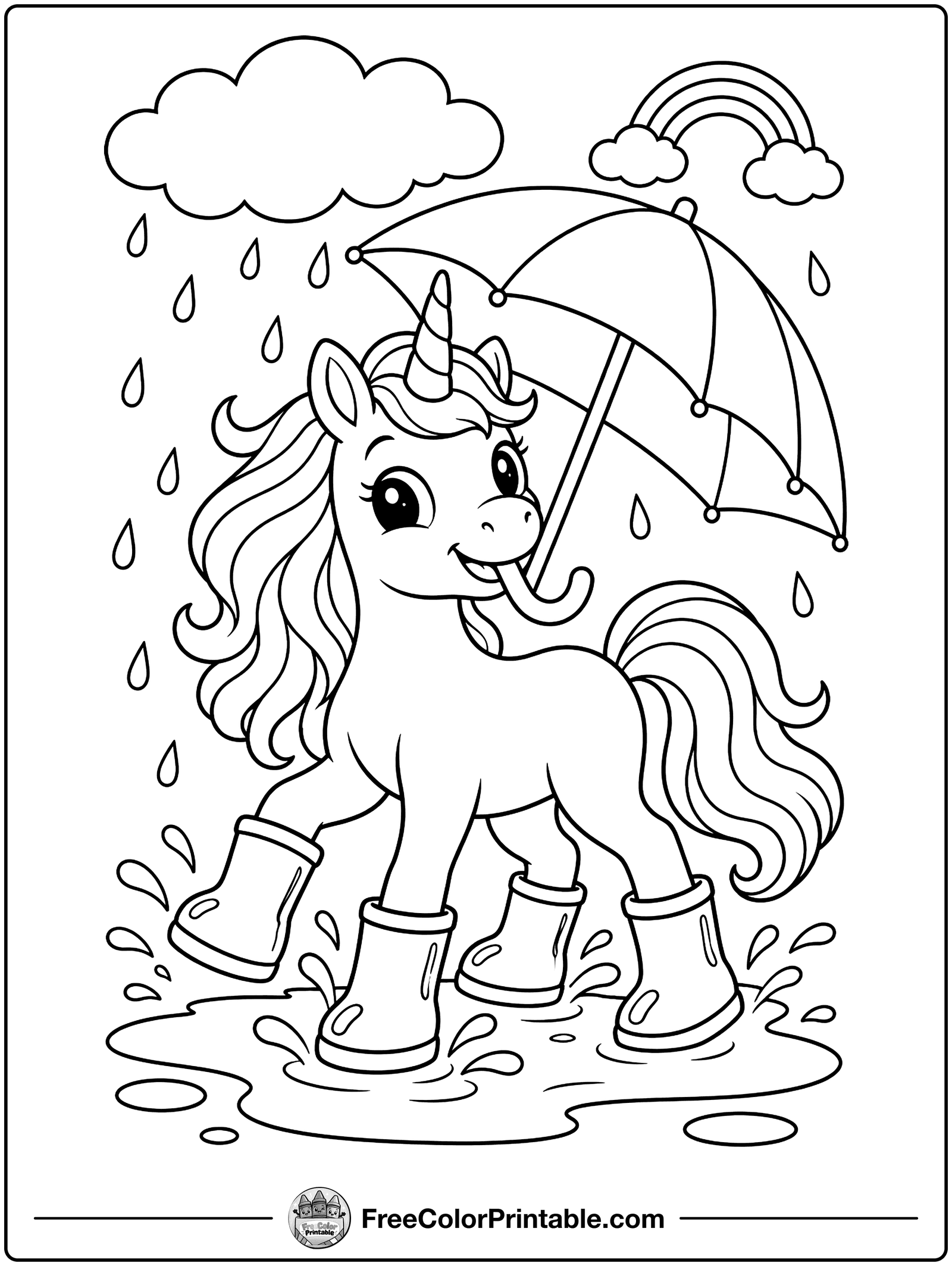 Unicorn Playing in the Rain Coloring Page — free color printable
