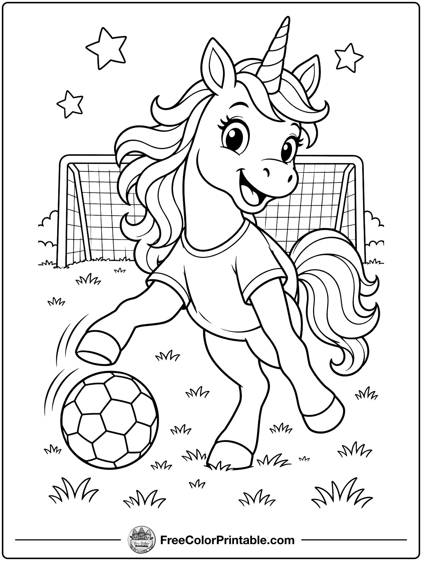 Unicorn Playing Soccer Coloring Page — free color printable