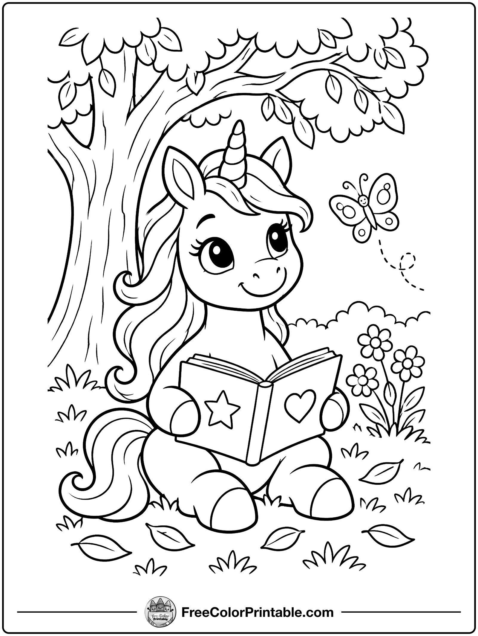 Unicorn Reading a Storybook Coloring Page — free color printable