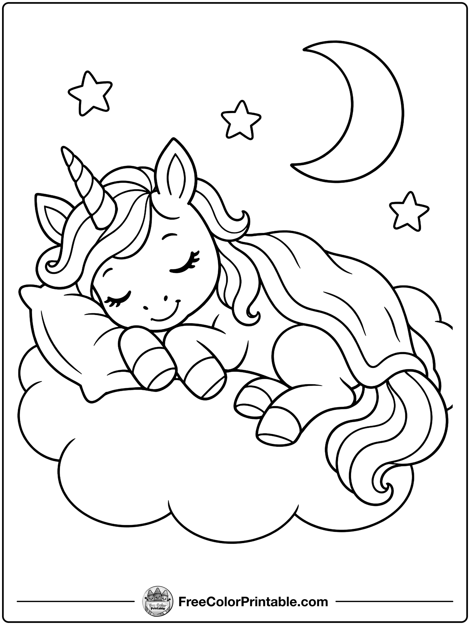 Unicorn Sleeping on a Cloud Coloring Page — free color printable