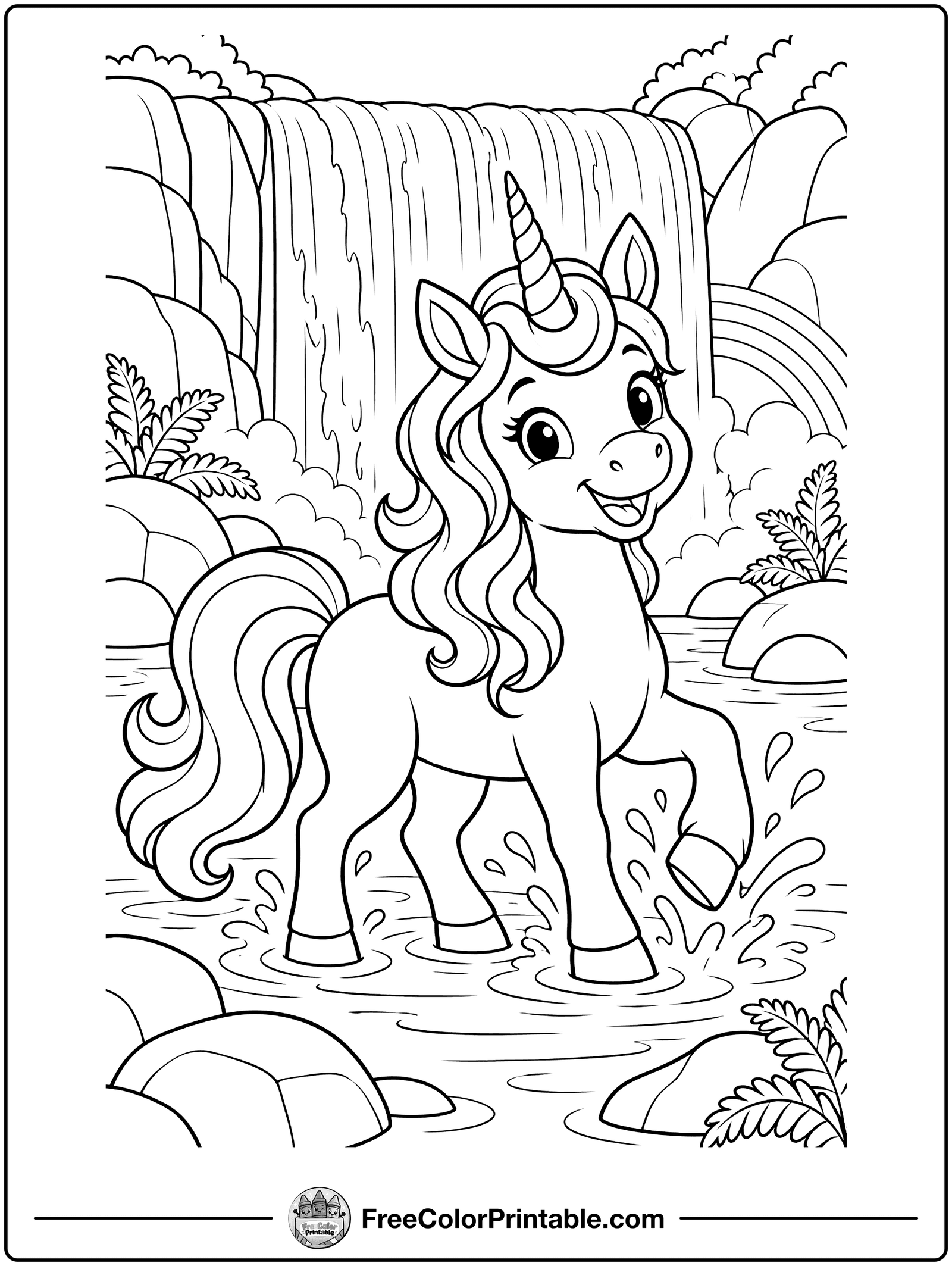 Unicorn under a Waterfall Coloring Page — free color printable