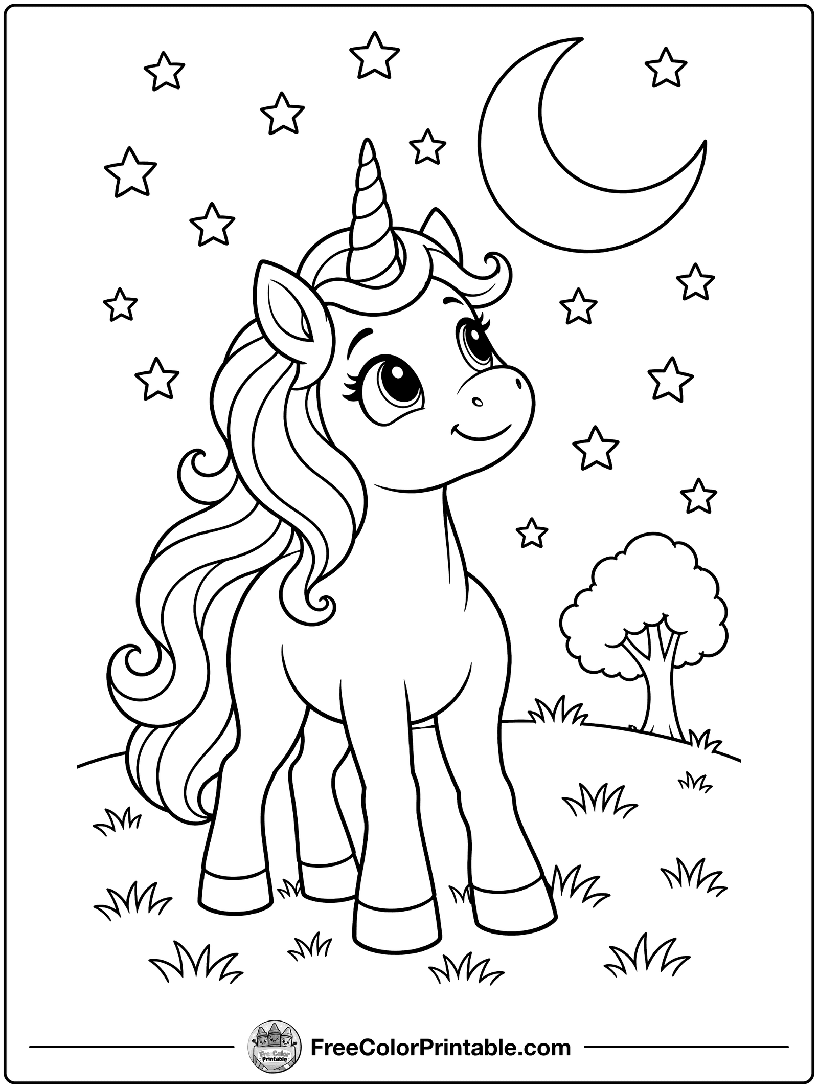 Unicorn under the Stars Coloring Page — free color printable