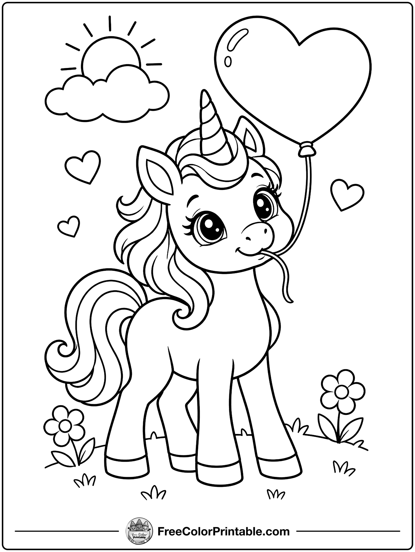 Unicorn with a Heart Balloon Coloring Page — free color printable