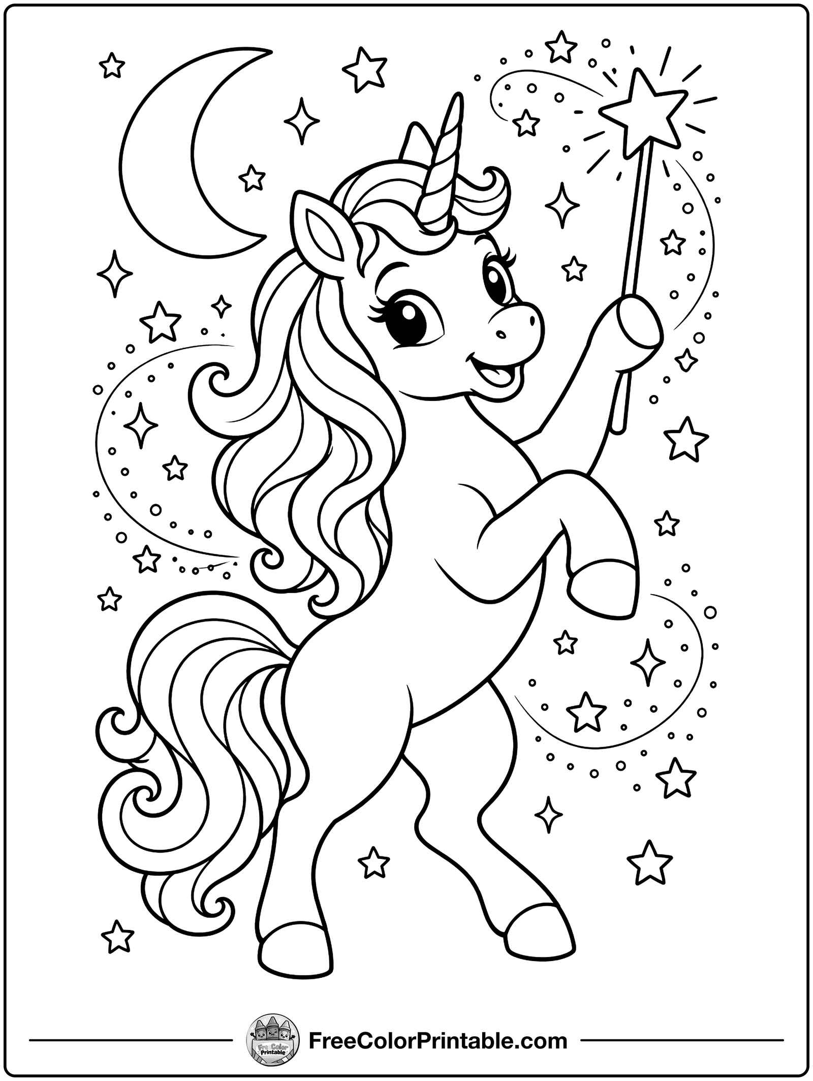 Unicorn with a Magic Wand Coloring Page — free color printable