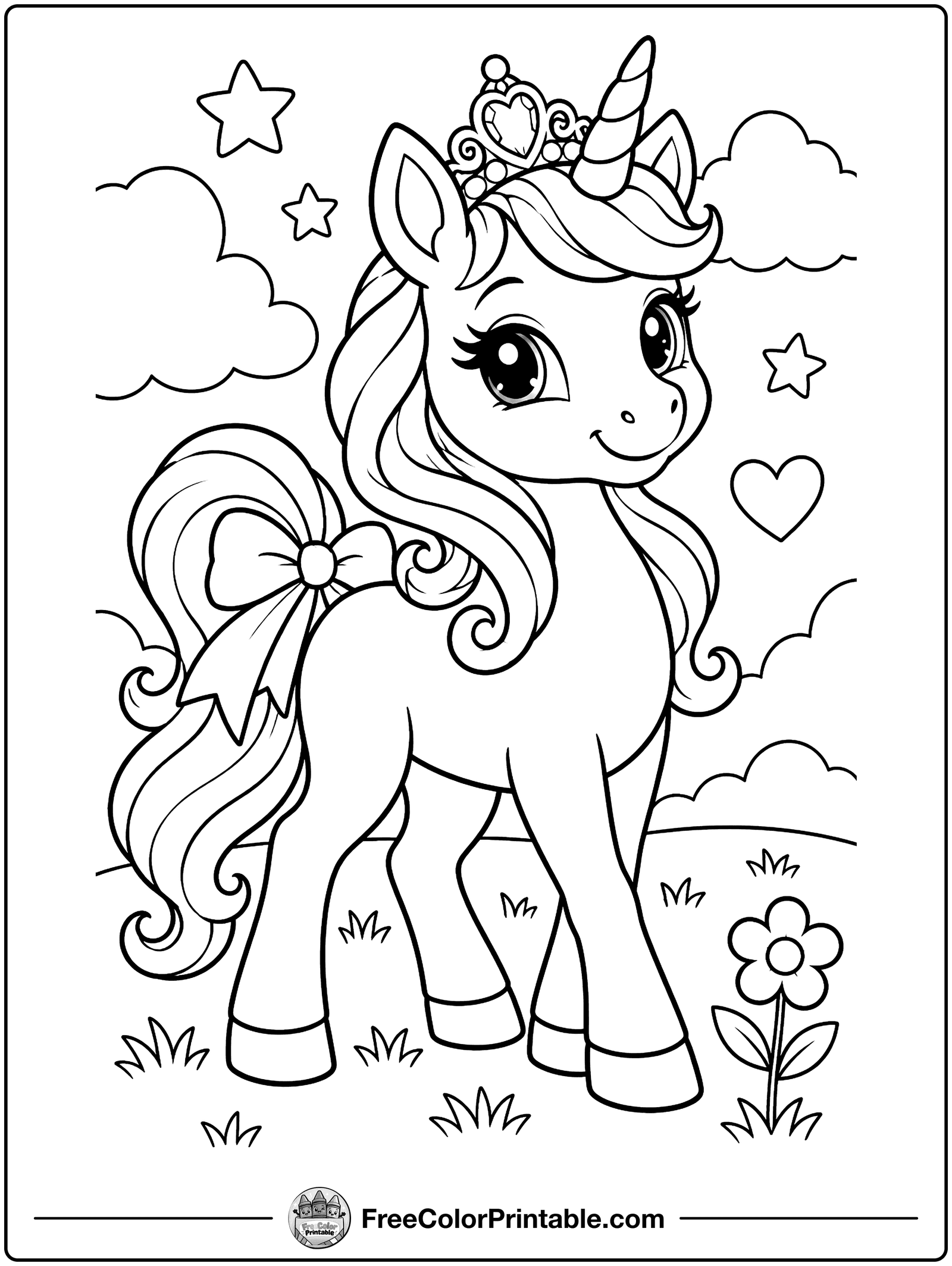 Unicorn with a Tiara Coloring Page — free color printable