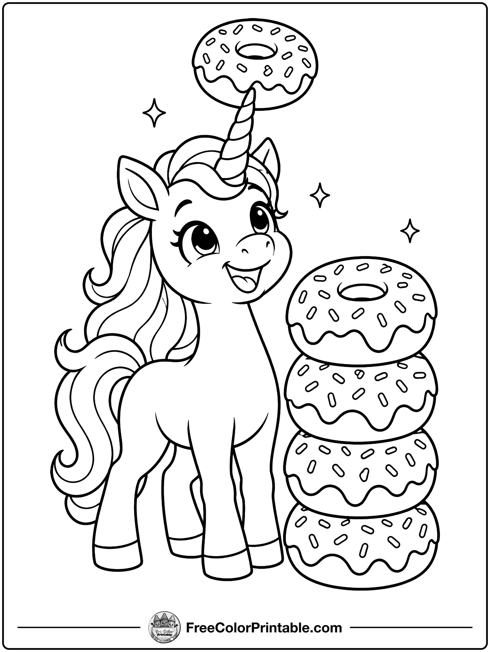 Unicorn with Giant Donuts Coloring Page — free color printable